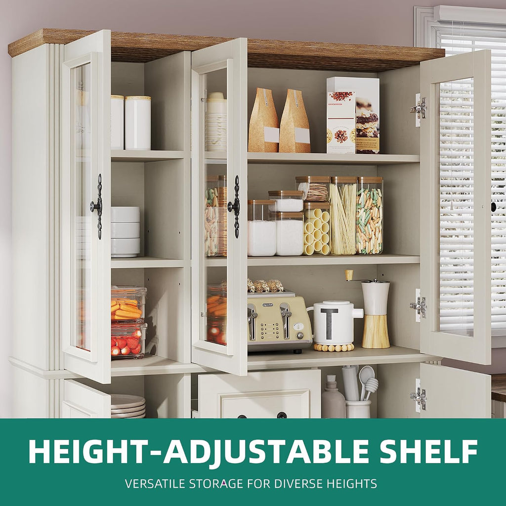 YITAHOME 71' H x 47' W Kitchen Pantry with 3 Drawers, Large Storage Cabinet with 3 Glass Doors & Adjustable Shelves, Freestanding Tall Display China Cabinet for Living & Dining Room, White