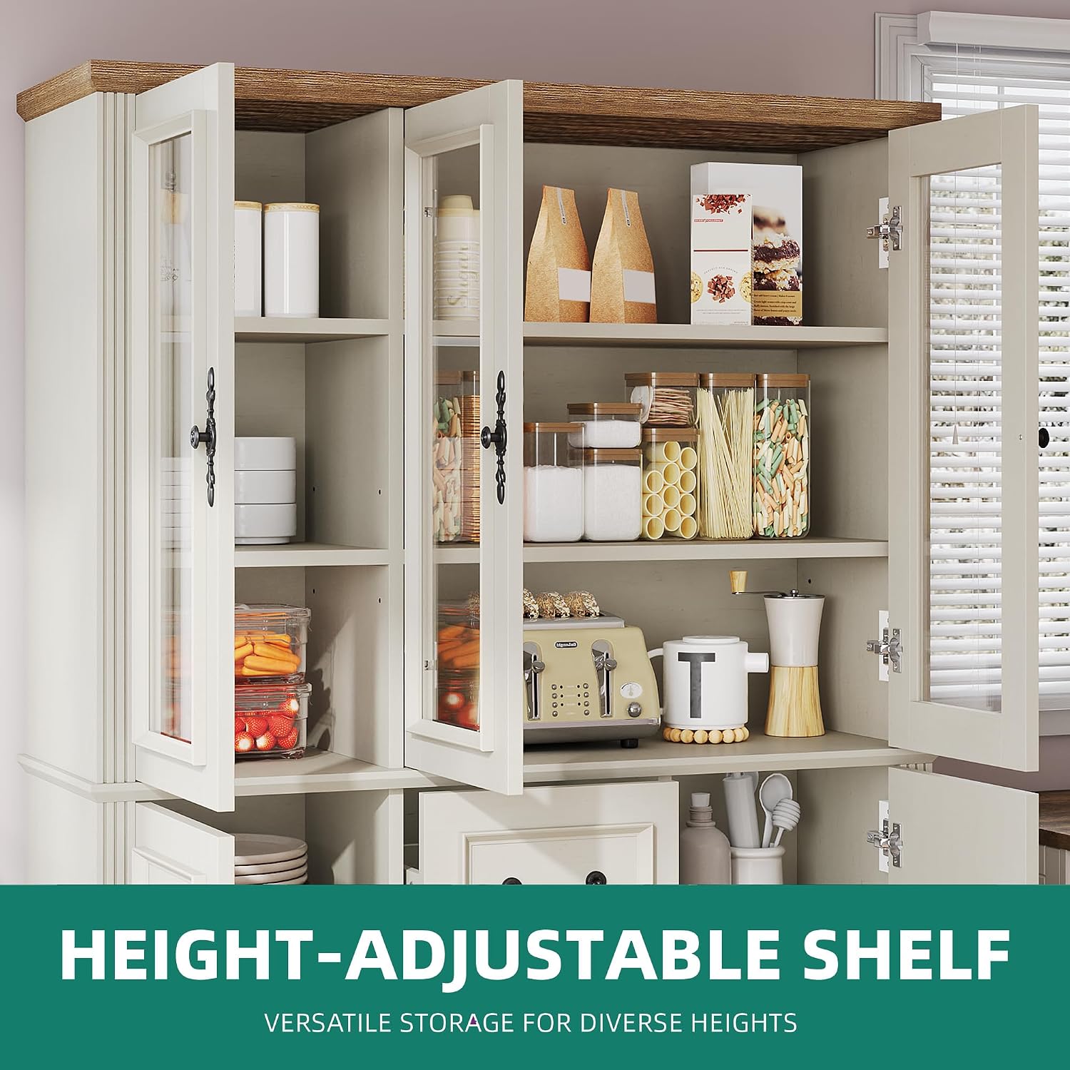 YITAHOME 71' H x 47' W Kitchen Pantry with 3 Drawers, Large Storage Cabinet with 3 Glass Doors & Adjustable Shelves, Freestanding Tall Display China Cabinet for Living & Dining Room, White