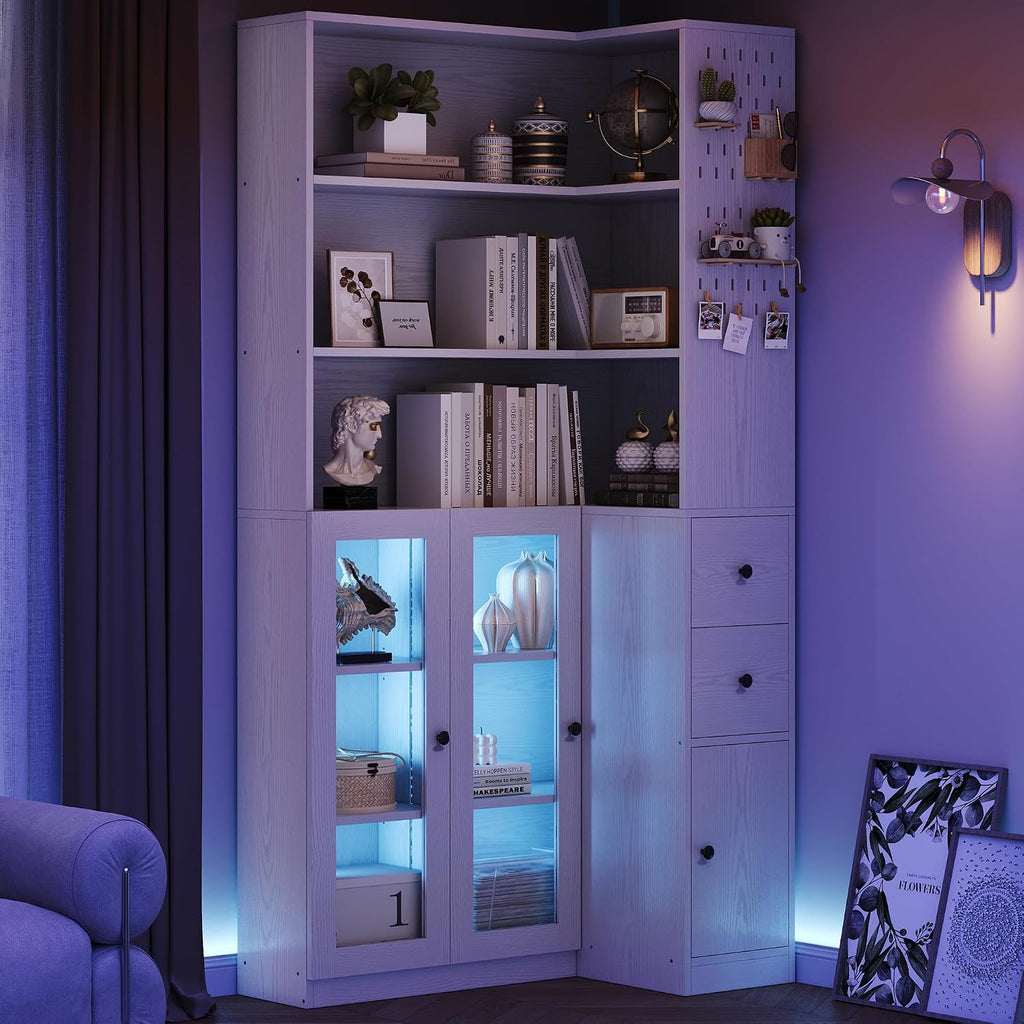 IRONCK Corner Bookshelf with LED Lights, 78.7' Tall Corner Bookshelves with 2 Drawers & Transparent Doors, 7 Tiers L-Shaped Bookcase with Open Shelves and Pegboards for Living Room, Home Office, White