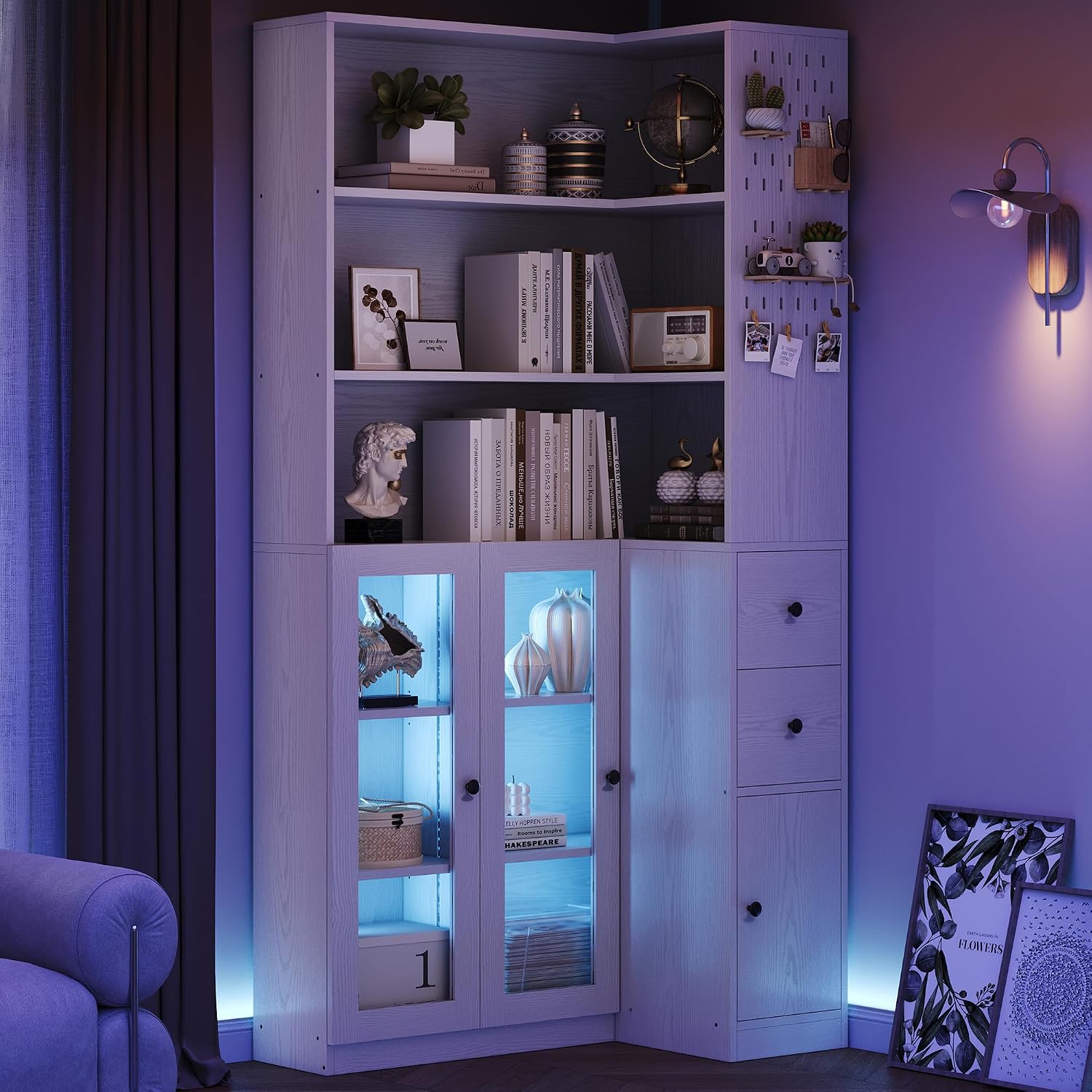 IRONCK Corner Bookshelf with LED Lights, 78.7' Tall Corner Bookshelves with 2 Drawers & Transparent Doors, 7 Tiers L-Shaped Bookcase with Open Shelves and Pegboards for Living Room, Home Office, White