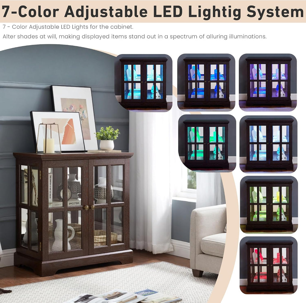 32' H LED Accent Curio Cabinet with 7 Color Lights for Collectibles, Modern Storage Cabinet with Tempered Glass Doors, Sideboard Buffet Case with Smartphone-Controlled Lights (Dark Cherry)