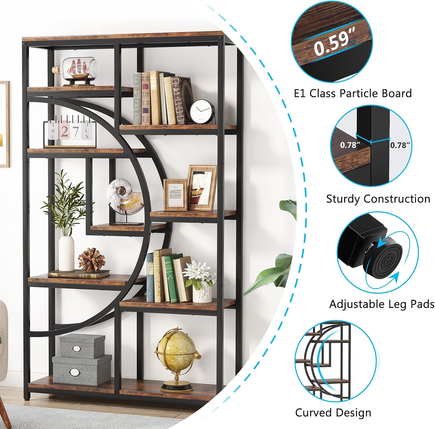 Tribesigns Bookshelf Industrial 5 Tier Etagere Bookcase, Freestanding Tall Bookshelves Display Shelf Storage Organizer with 9-Open Storage Shelf for Living Room, Bedroom, 2 Pack