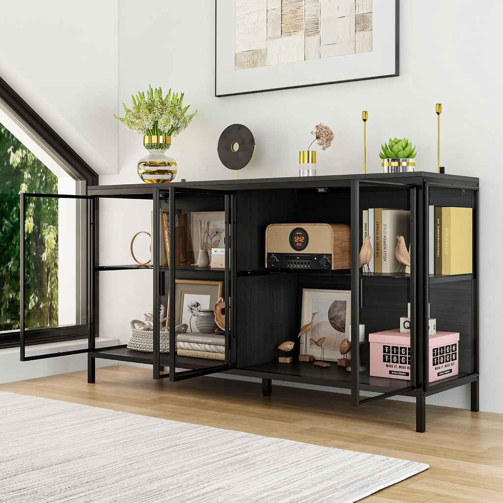 Homsee Storage Cabinet with 3-Color LED Lights, Glass Shelves & 4 Compartments, Sideboard Buffet with Solid Metal Legs, Modern Display Cabinet for Living Room Dining Room, Black | 3-Color LED Lights, Glass Shelves, 4 Compartments, Solid Metal Legs