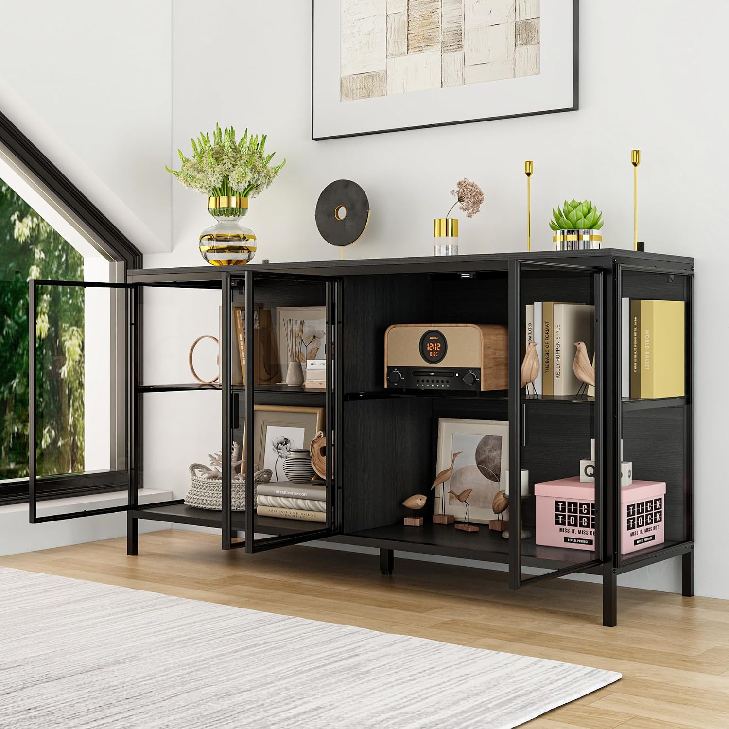 Homsee Storage Cabinet with 3-Color LED Lights, Glass Shelves & 4 Compartments, Sideboard Buffet with Solid Metal Legs, Modern Display Cabinet for Living Room Dining Room, Black | 3-Color LED Lights, Glass Shelves, 4 Compartments, Solid Metal Legs