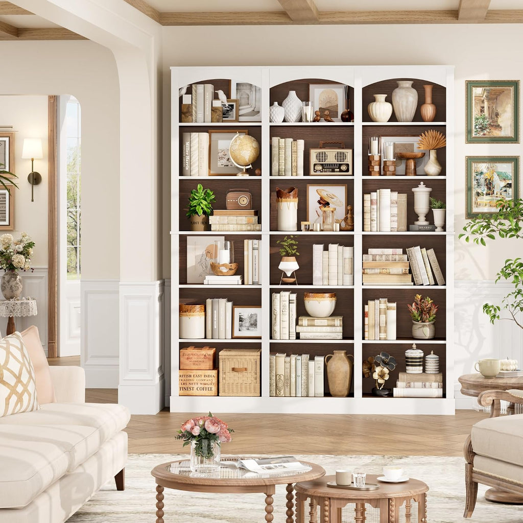 FACBOTALL 71' Triple Wide Bookshelf, 6 Tier Tall Bookshelf, Large Bookcase with Curved Baffle, 63.4' Wide Book Shelf with 18 Open Display Shelves for Living Room, Study, Walnut and White