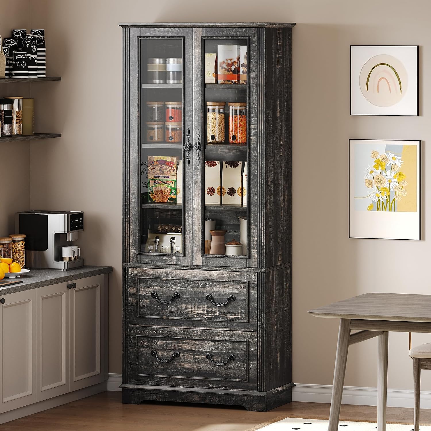 YITAHOME 76'' Kitchen Pantry Cabinet with 2 Drawers, Tall Storage Cabinet with Glass Doors & Adjustable Shelves, Freestanding Display Curio Cabinet for Collectibles, Living Room, Dark Rustic Oak