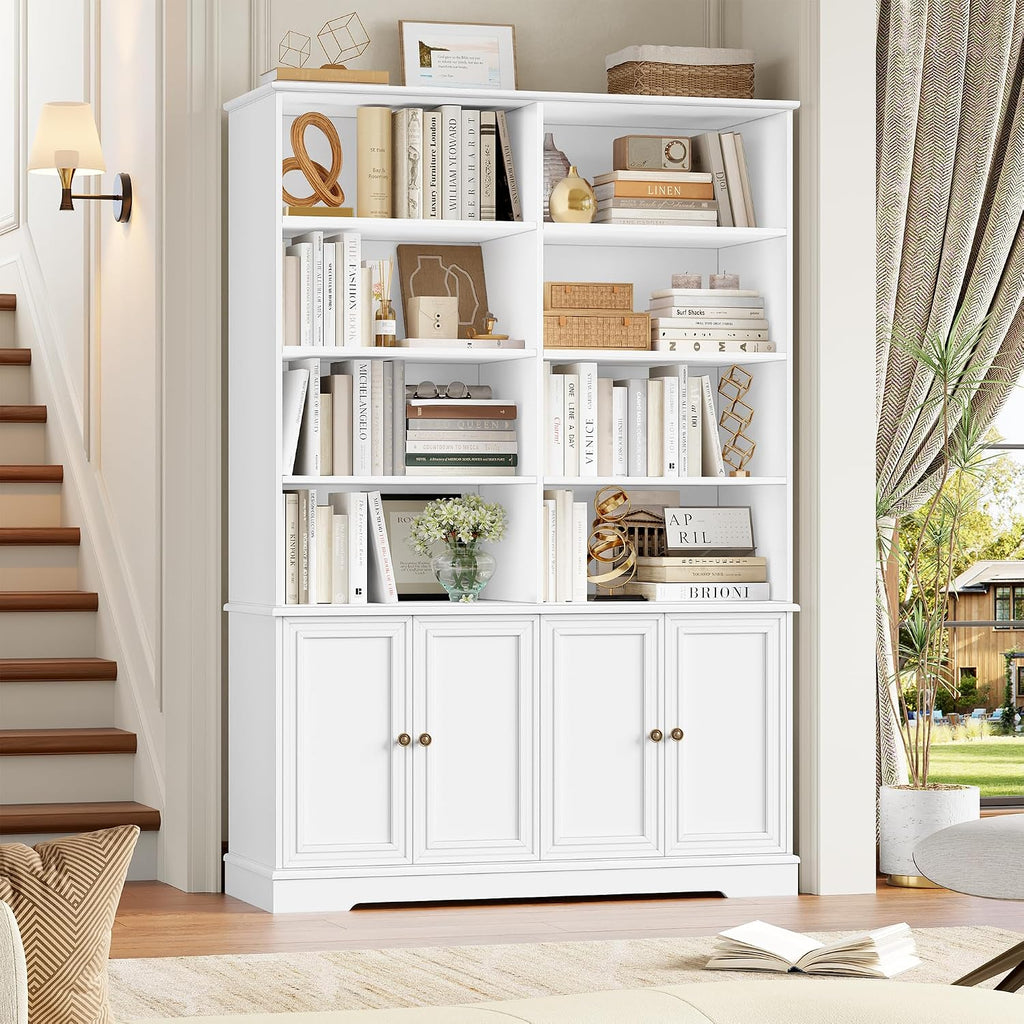 FINETONES 73' White Bookshelf with Doors, 6 Tier Tall Bookshelf Double Wide Bookcases and Bookshelves with Storage, Large Display Cabinets for Home Office,Living Room, Library