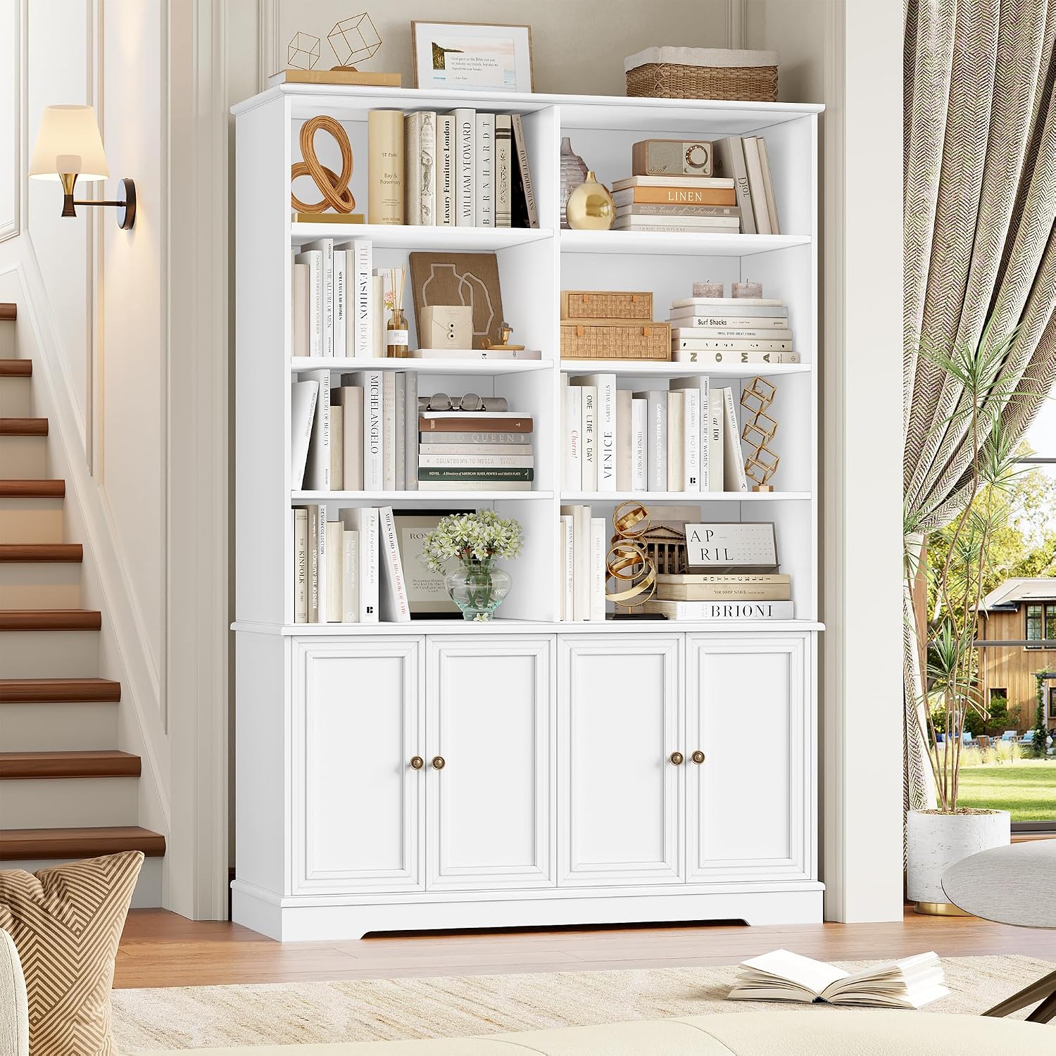 FINETONES 73' White Bookshelf with Doors, 6 Tier Tall Bookshelf Double Wide Bookcases and Bookshelves with Storage, Large Display Cabinets for Home Office,Living Room, Library