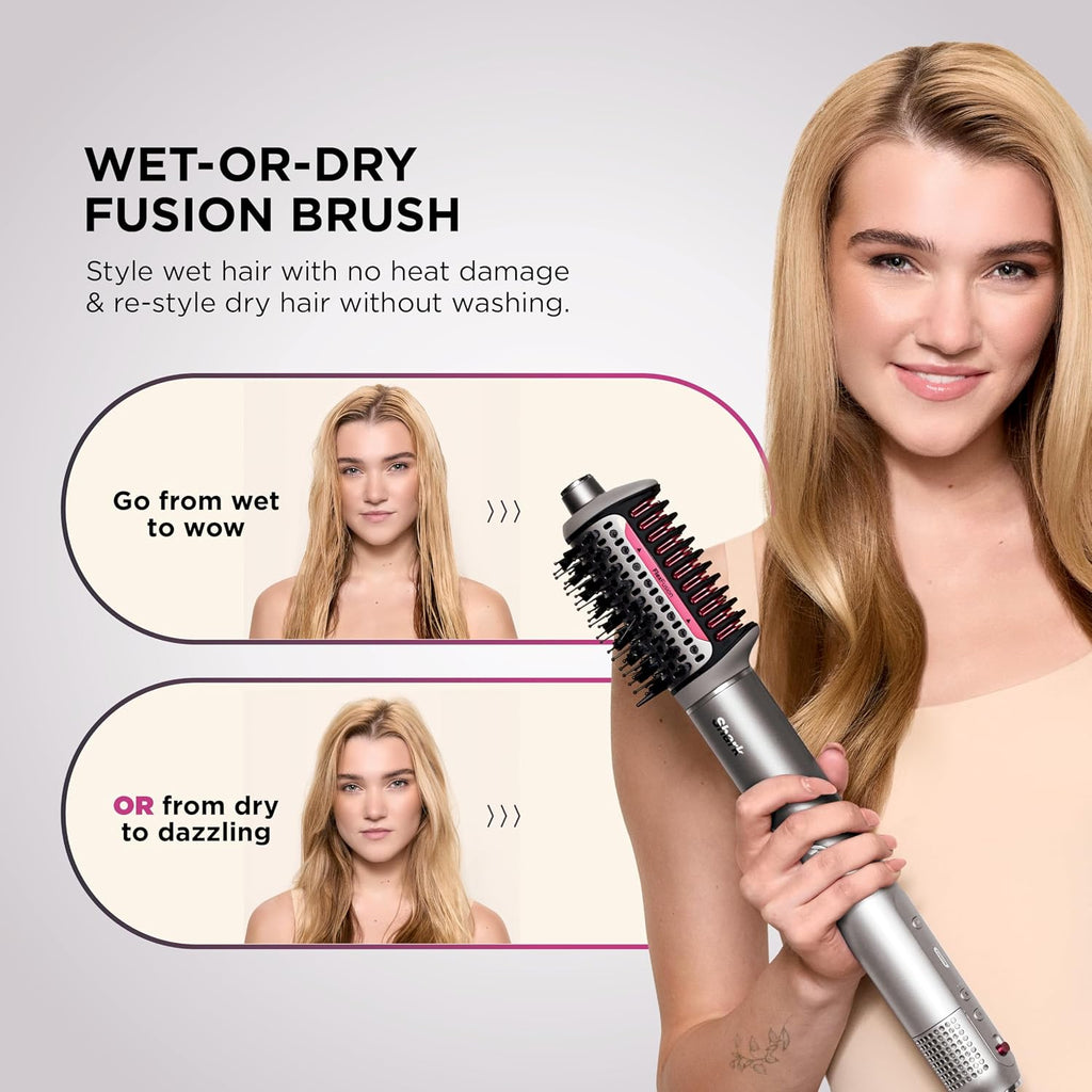 Shark FlexFusion Hair Dryer with Fusion Hair Brush, Diffuser, Ceramic Air Styler with Auto-Wrap Hair Curlers, Ceramic Plates, Metallic Mist HD642