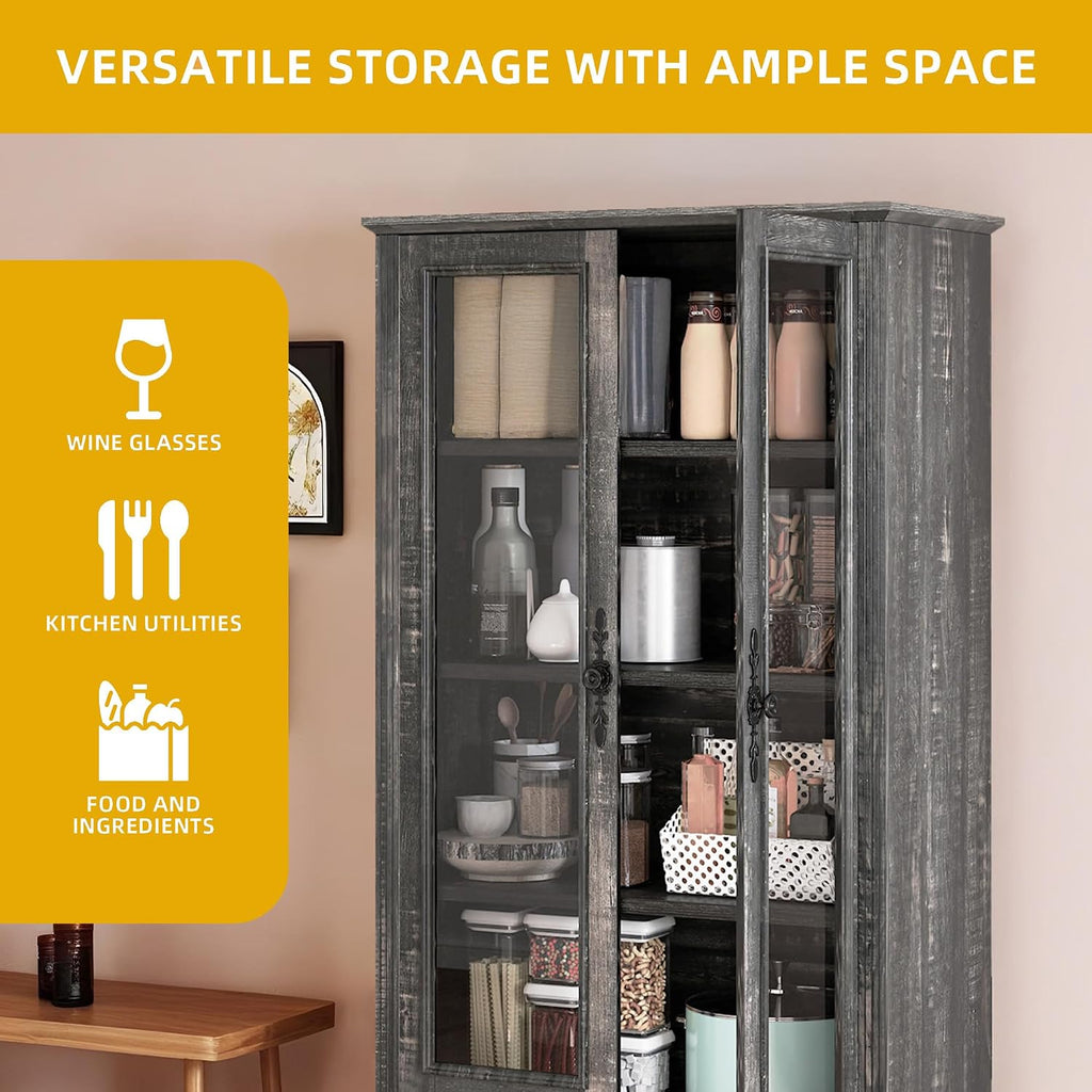 DWVO 76' Storage Cabinets, Freestanding Kitchen Pantry with Adjustable Shelves & Drawers, Farmhouse Glass Display Cabinets Tall Cupboard for Dining Room, Living Room, Dark Rustic