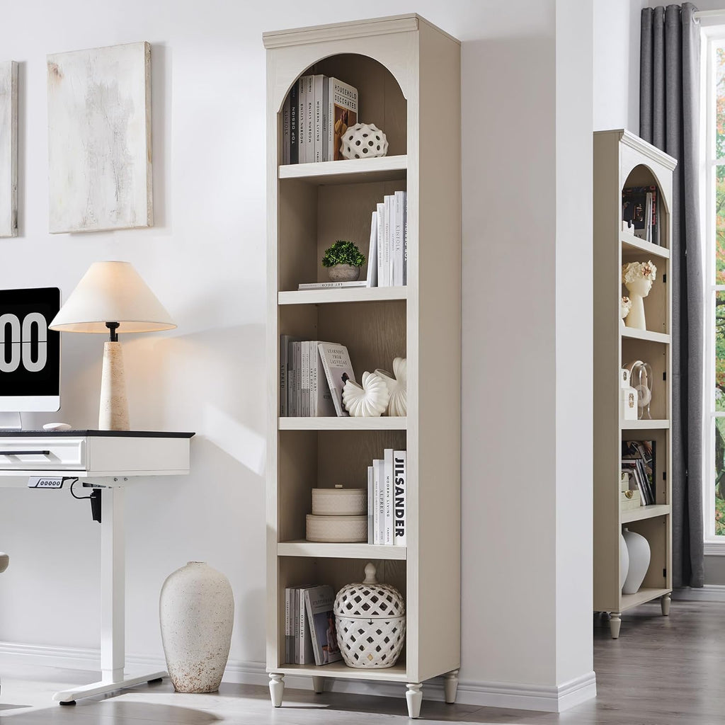 IFGET 76' Tall Arched Bookcase, Farmhouse 5 Tiers Narrow Arched Bookshelf Cabinet with Adjustable Shelves, Modern Wooden Book Shelf w/Storage and Open Display Shelves for Living Room, Office-Cream