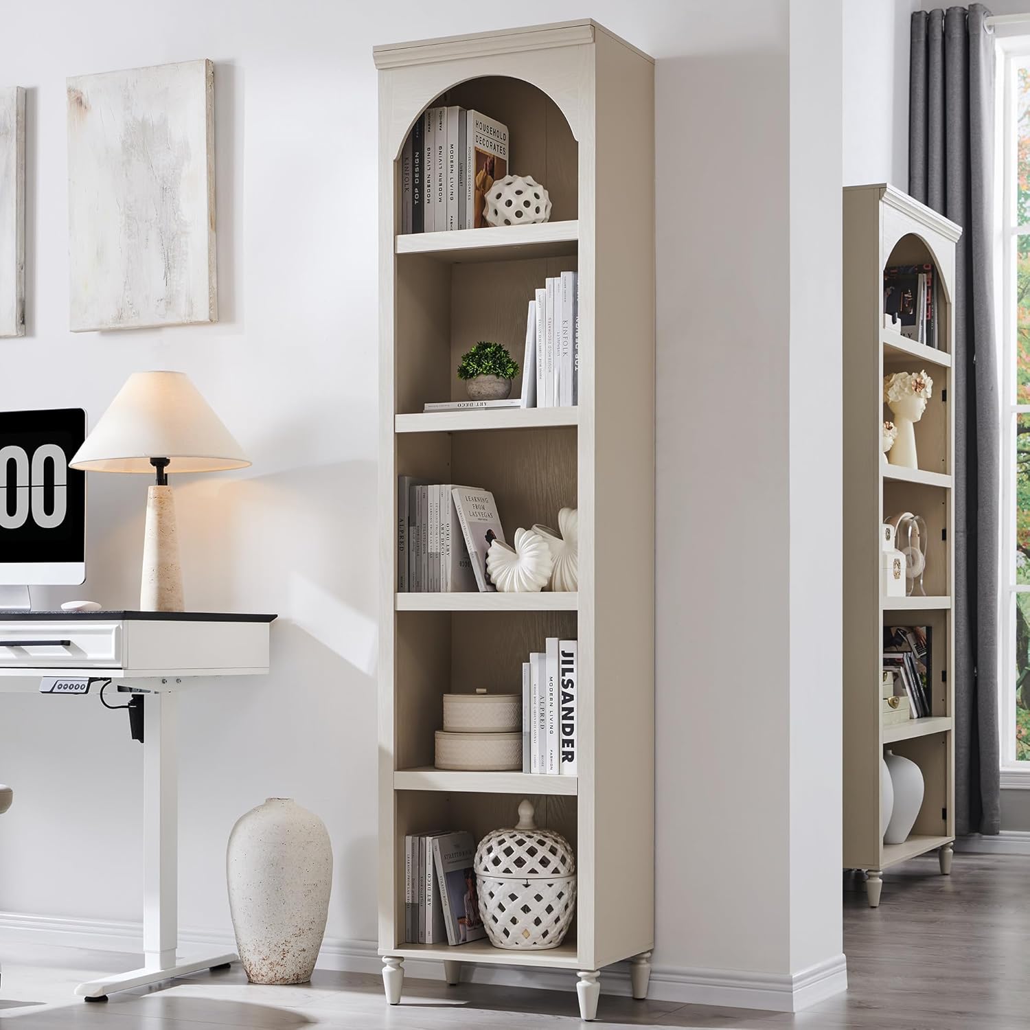 IFGET 76' Tall Arched Bookcase, Farmhouse 5 Tiers Narrow Arched Bookshelf Cabinet with Adjustable Shelves, Modern Wooden Book Shelf w/Storage and Open Display Shelves for Living Room, Office-Cream