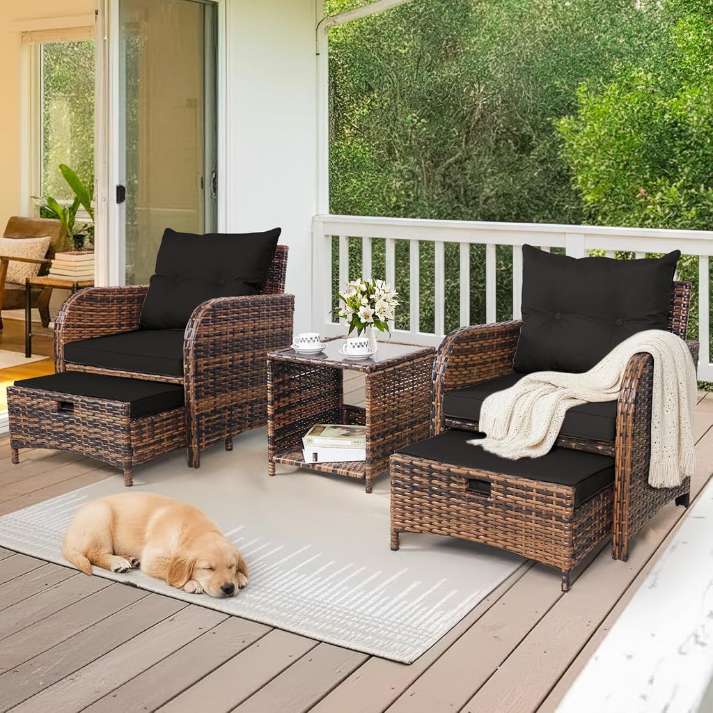 5 Pieces Wicker Outdoor Patio Chairs Set with Ottoman Patio Conversation Furniture Set with Ottoman Underneath All Weather Brown PE Rattan Balcony Furniture Set & End Table, Black Cushion