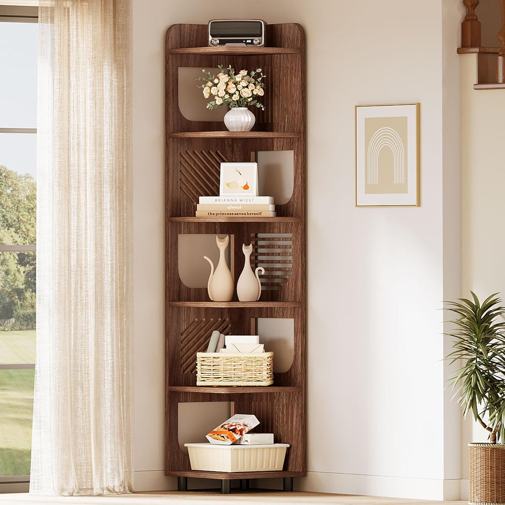 Tribesigns 6-Tier Tall Corner Shelf, 71-Inch Rustic Narrow Corner Bookshelf Bookcase with Square Rack, Freestanding Corner Display Storage Shelf Organizer for Living Room, Kitchen, Office, Brown