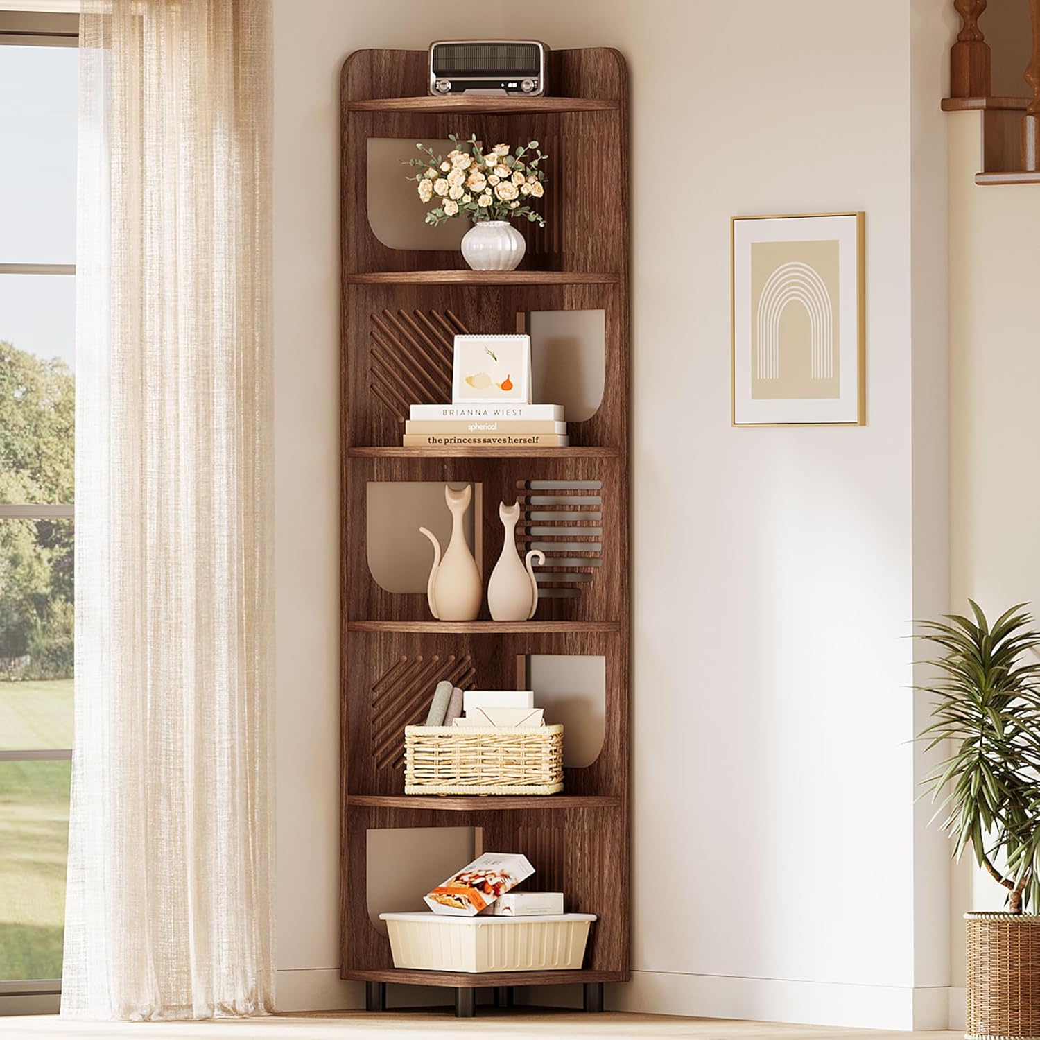 Tribesigns 6-Tier Tall Corner Shelf, 71-Inch Rustic Narrow Corner Bookshelf Bookcase with Square Rack, Freestanding Corner Display Storage Shelf Organizer for Living Room, Kitchen, Office, Brown