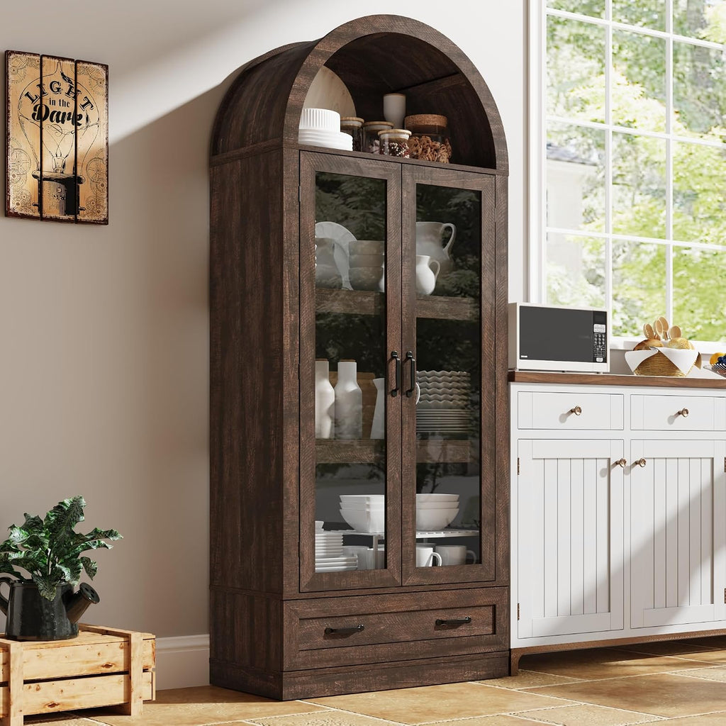 75' Tall Arched Kitchen Pantry Cabinet w Load-Bearing Steel Pipe,Modern Farmhouse Kitchens Storage Cabinet with Drawer and Glass Doors,Tall Arched Bookcase,Pantry Organizer(Rustic Brown)