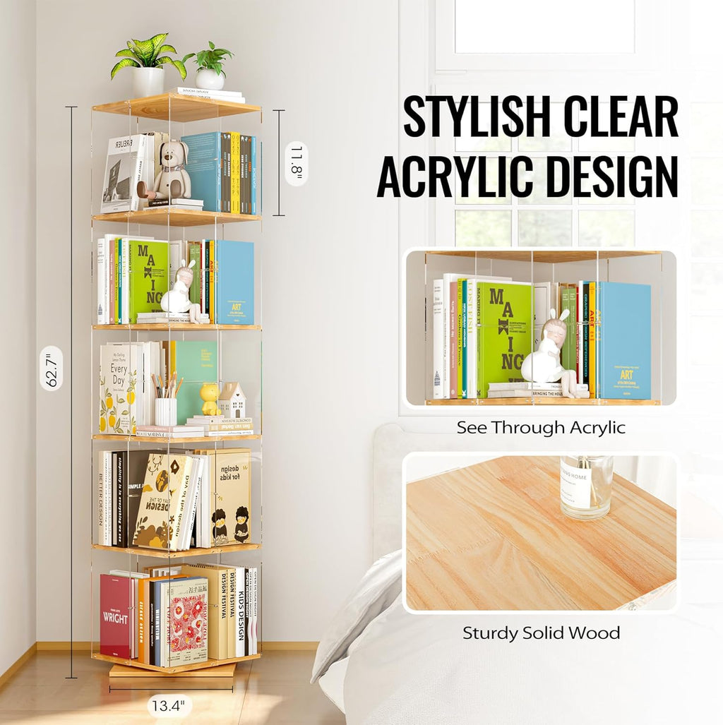 TAKEKIT 5-Tier Rotating Bookshelf, 360° Spinning Book Shelf Tower with Solid Wood & Clear Acrylic, Square Revolving Bookcase for Kids Room, Living Room, Bedroom and Office