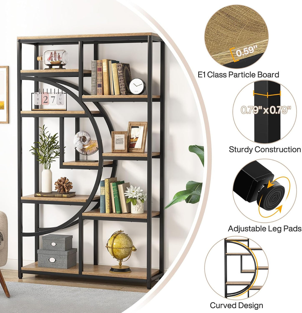 Tribesigns Bookshelf Industrial 5 Tier Etagere Bookcase, Freestanding Tall Bookshelves Display Shelf Storage Organizer with 9-Open Storage Shelf for Living Room, Bedroom (Light Oak)