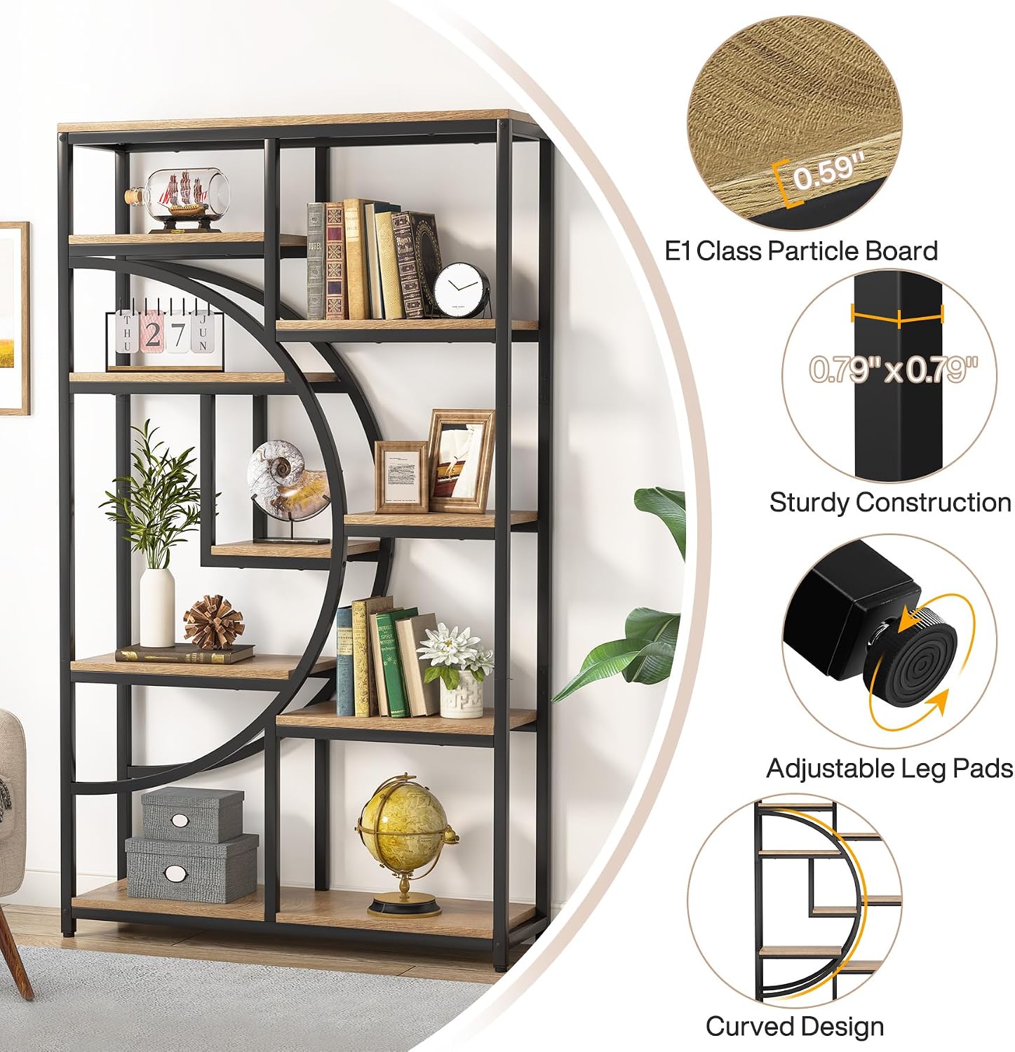 Tribesigns Bookshelf Industrial 5 Tier Etagere Bookcase, Freestanding Tall Bookshelves Display Shelf Storage Organizer with 9-Open Storage Shelf for Living Room, Bedroom (Light Oak)