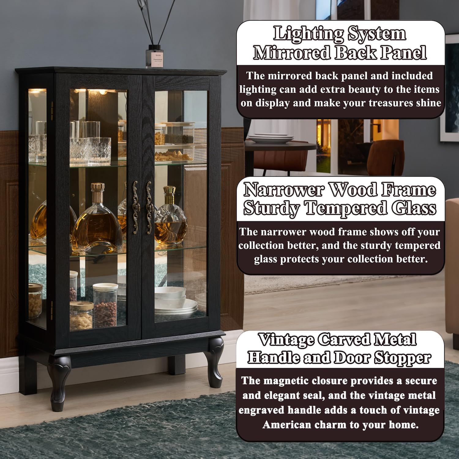 43' H Lighted Wooden Curio Cabinet, Freestanding Glass Display Case with Tempered Glass Door, Adjustable Shelves and Mirrored Back Panel, Decorative Storage Cabinet for Living Room (Black)