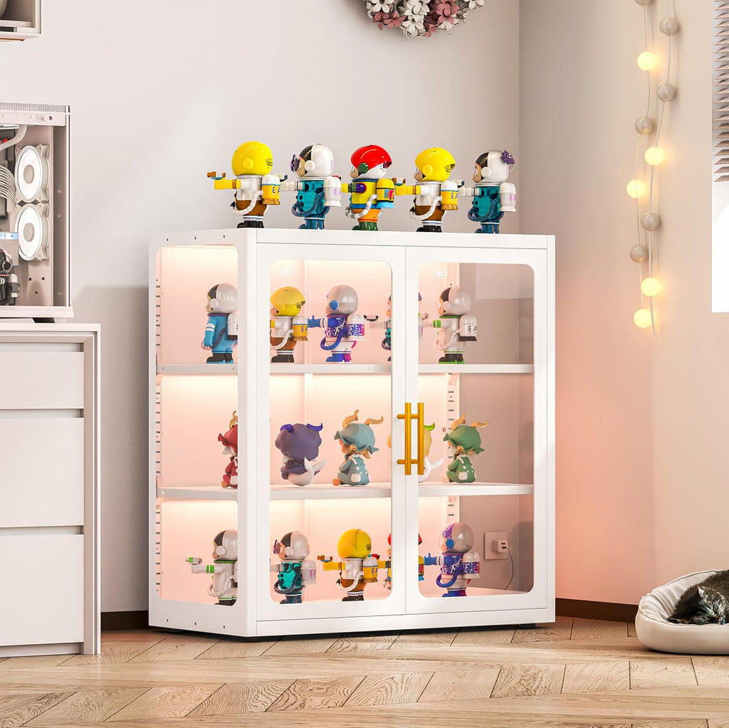 GAIOUS Display Cabinet with Glass Door, 3 Tier Metal Curio Cabinet with LED Lights for Collectibles, 2 Adjustable Shelves, Glass Display Case for Book/Medal/Figure, Showcase Storage Cabinets, White