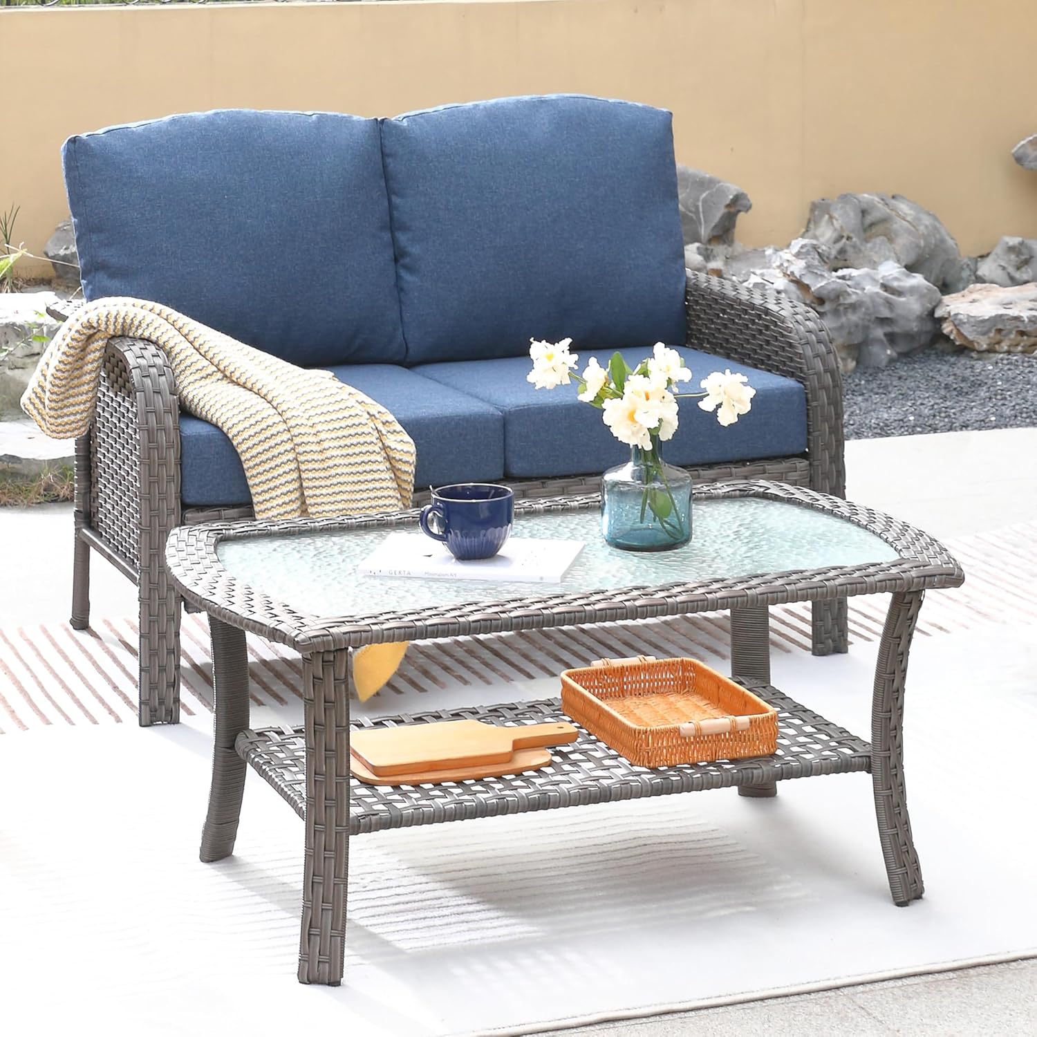 ovios 2-Piece Patio Furniture Set, Outdoor Wicker Sofa with Coffee Table, High Back Rattan Couch Loveseat with Comfy Cushions for Porch Yard Deck, Denim Blue