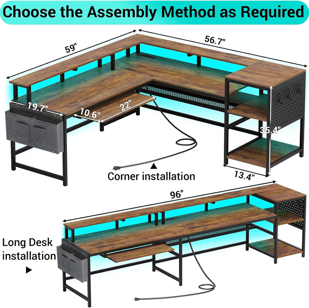 SEDETA L Shaped Computer Desk, Reversible Computer Desks, L Shaped Desk with Power Outlets & LED Strip, Monitor Shelf, Keyboard Tray, Pegboard and Storage Shelves for Home Office, Rustic Brown