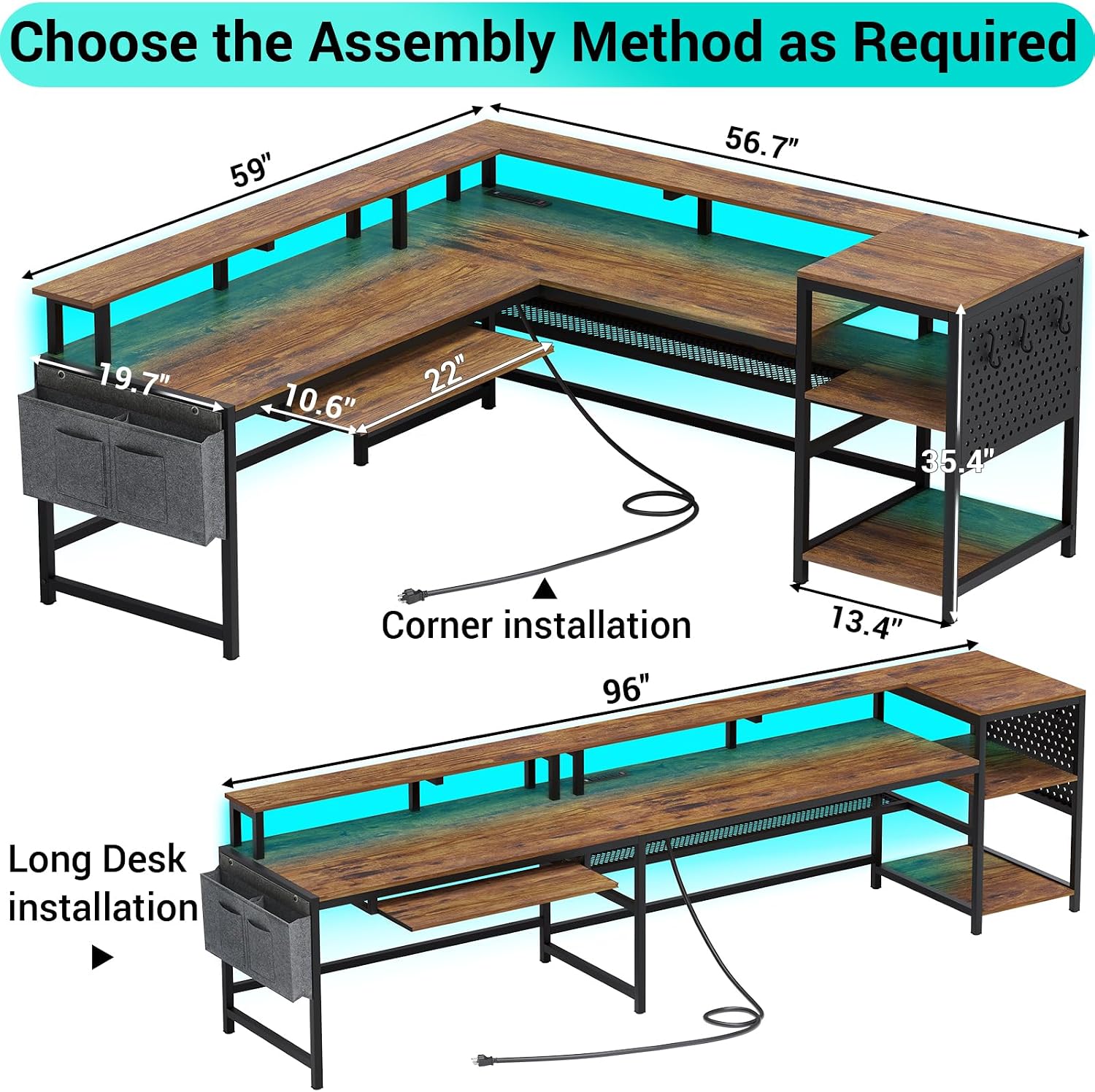 SEDETA L Shaped Computer Desk, Reversible Computer Desks, L Shaped Desk with Power Outlets & LED Strip, Monitor Shelf, Keyboard Tray, Pegboard and Storage Shelves for Home Office, Rustic Brown