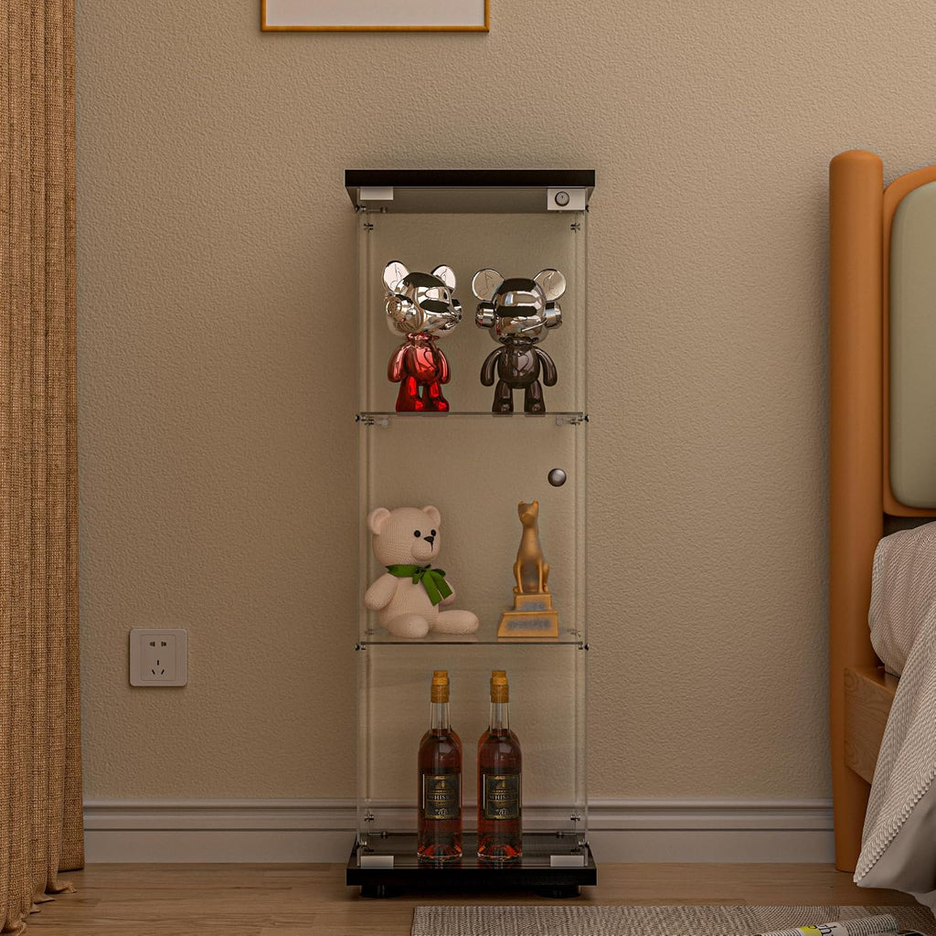 FANYUSHOW 3-Shelf Glass Display Cabinet with Door, Upgraded Quick-Install Style Curio Cabinets 5mm Tempered Glass Floor Standing Bookshelf for Bedroom, Living Room 49.1'x 16.7'x 14.3' Black