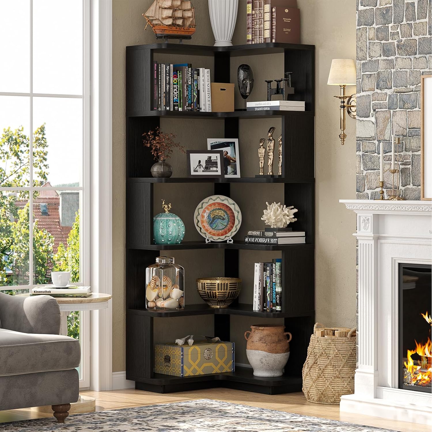 Armocity Corner Book Shelf - 6 Tier Corner Bookshelf Etagere Bookcase with Baffle, Freestanding L Shaped Display Shelf Stand for Home Office, Living Room, Bedroom, Kitchen, Black