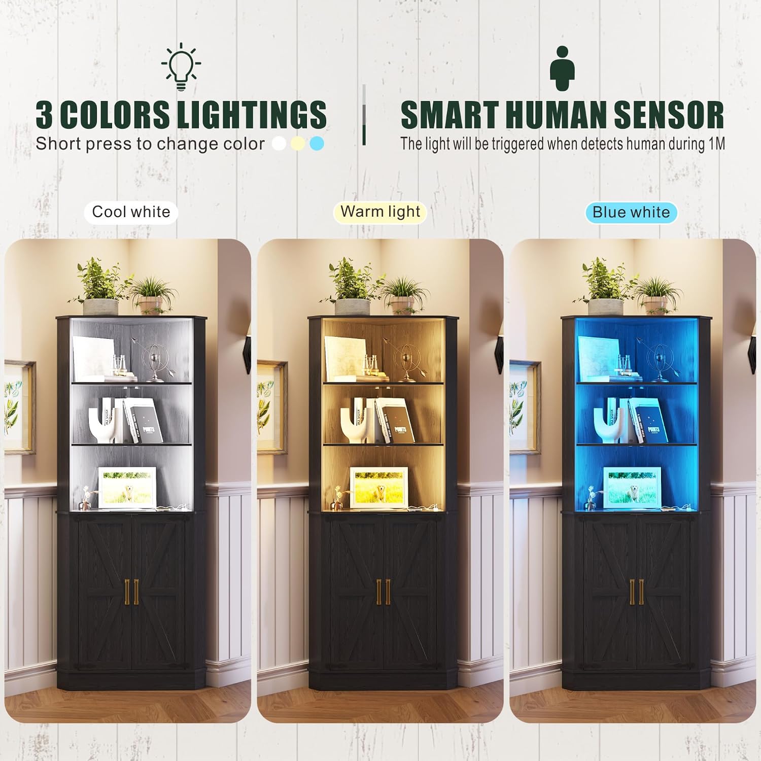 TAGELIER Farmhouse Corner Cabinet with LED Light, 67' Tall Bathroom Cabinet with 2 Doors and 3 Tier Shelves, Free Standing Corner Storage Cabinet for Living Room or Kitchen, Black