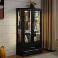 3-Tier Lighted Glass Curio Display Cabinet, 47' H Glass Accent Storage Cabinet with Adjustable Shelves & 1 Drawer, Wooden Wine Display Case with Mirrored Back Panel for Living Room (Black)