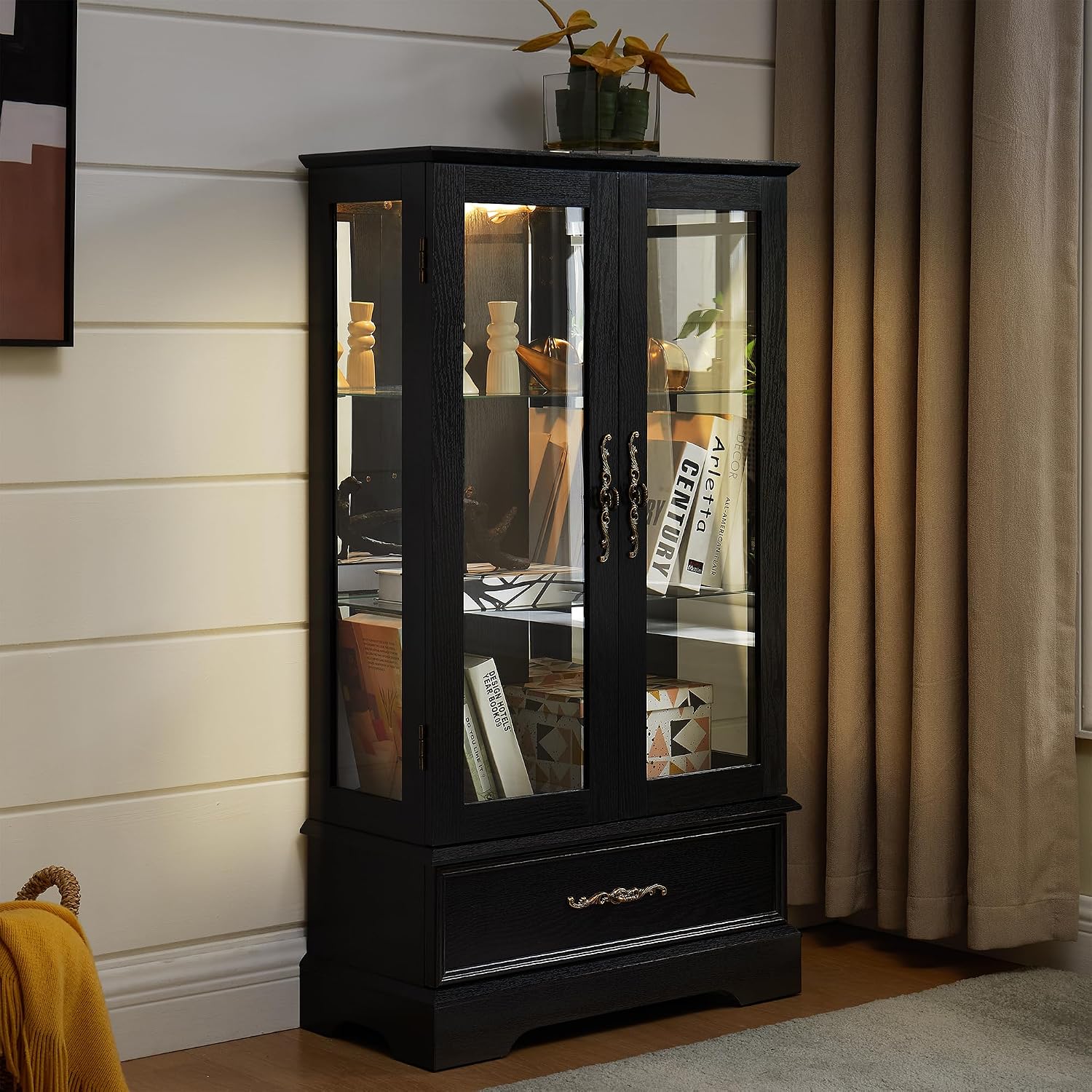 3-Tier Lighted Glass Curio Display Cabinet, 47' H Glass Accent Storage Cabinet with Adjustable Shelves & 1 Drawer, Wooden Wine Display Case with Mirrored Back Panel for Living Room (Black)