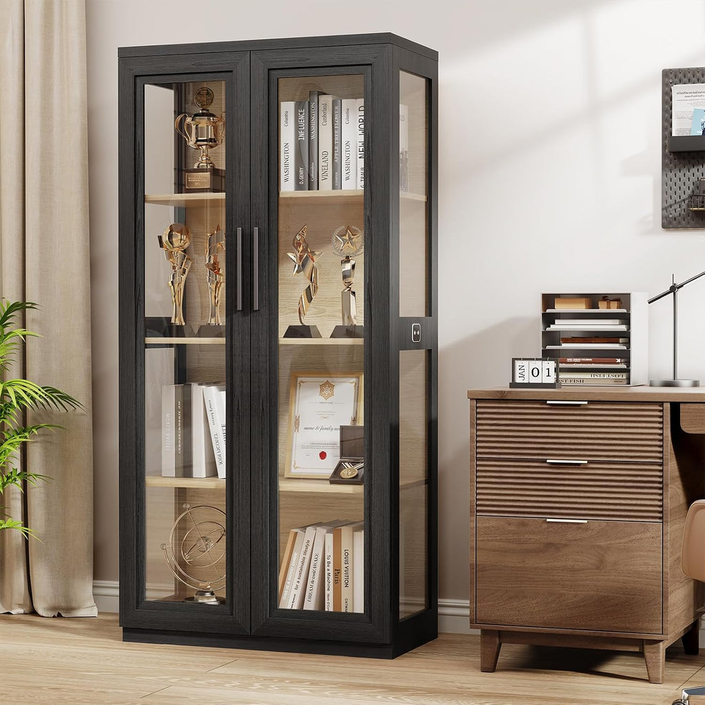 BROTTAR Curio Cabinet with Glass Doors, Bookcase with 4 Shelves, Display Cabinets for Collectibles, China Cabinet with 3 Color LED Lights and Human Body Sensing, Buffer Hinge, Black