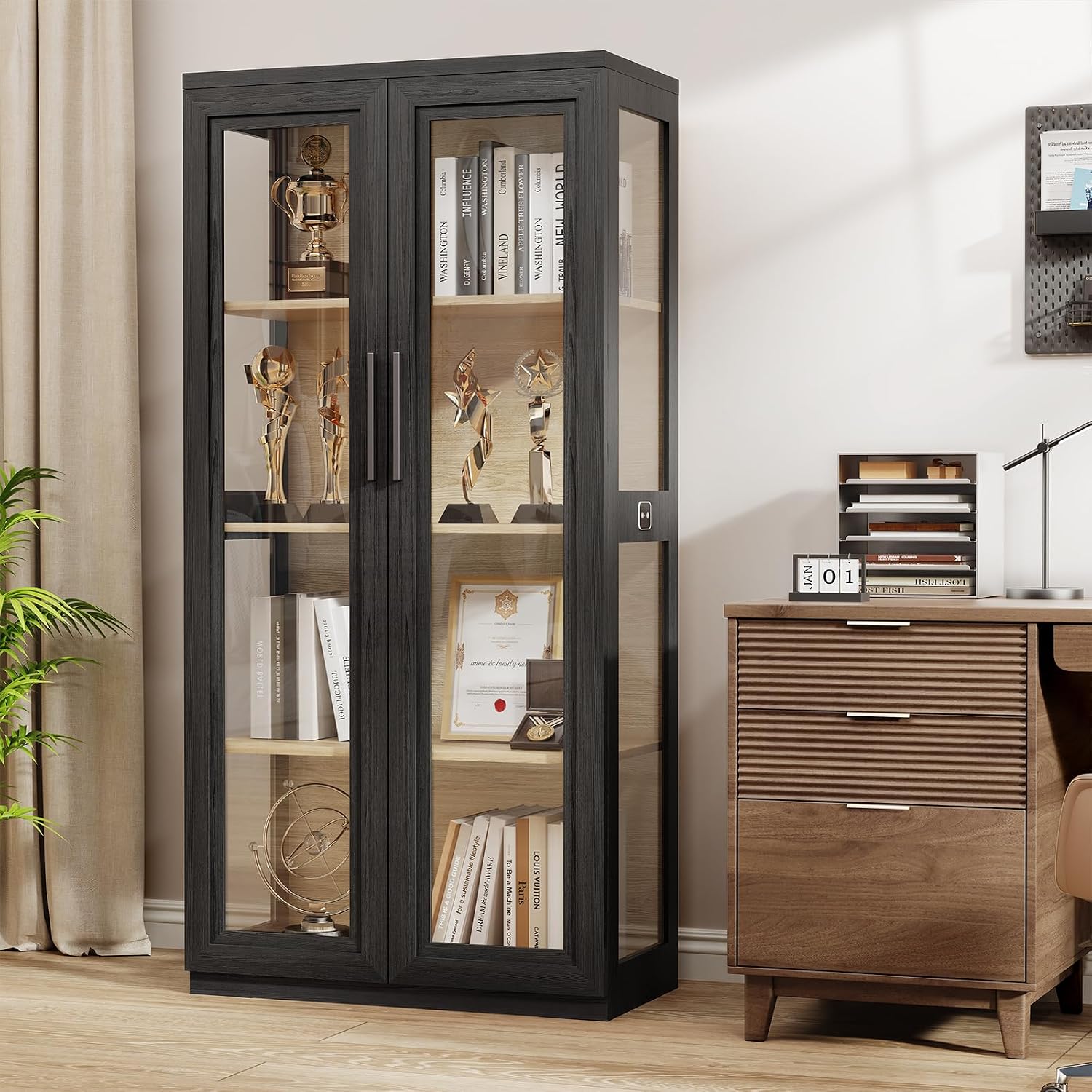 BROTTAR Curio Cabinet with Glass Doors, Bookcase with 4 Shelves, Display Cabinets for Collectibles, China Cabinet with 3 Color LED Lights and Human Body Sensing, Buffer Hinge, Black