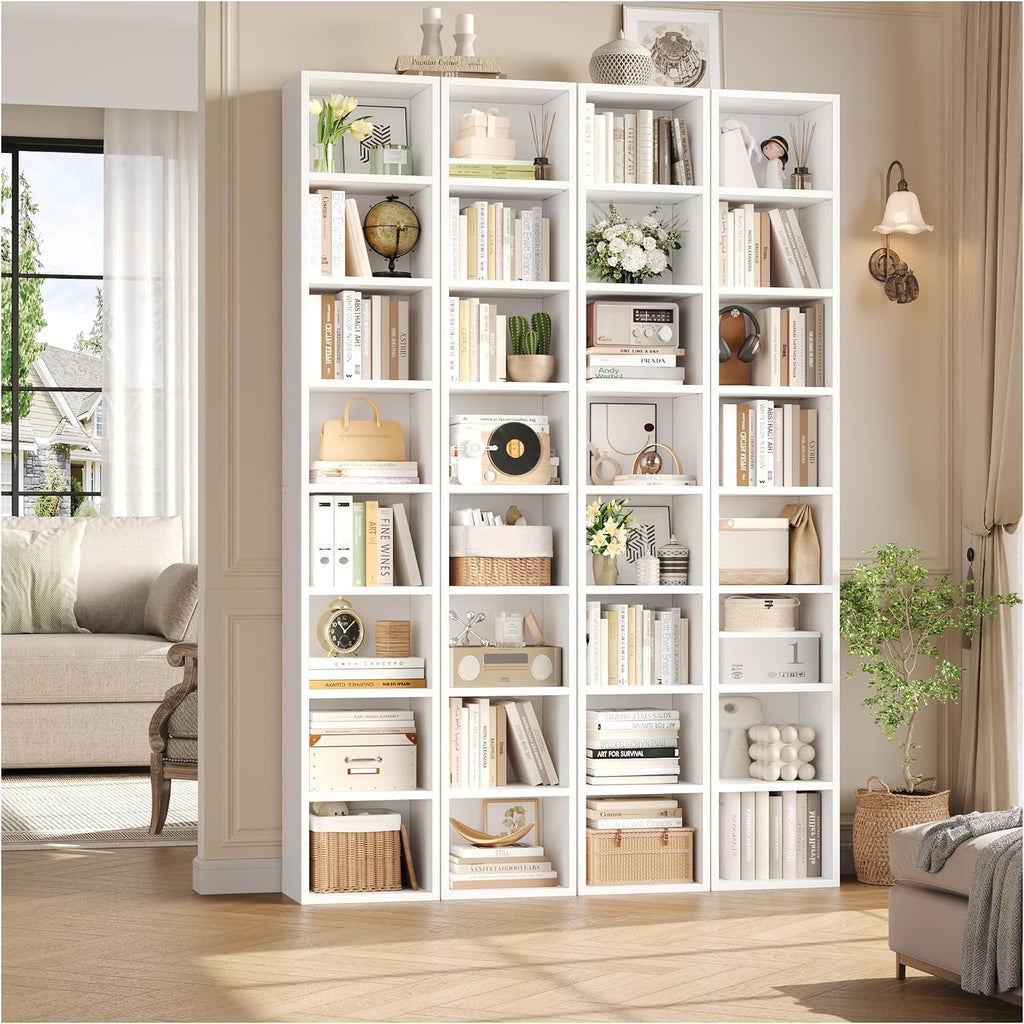 FOTOSOK 2 Pcs 71'' Tall Narrow Bookshelf, 8-Tier Media Tower Rack Set of 2, CD DVD Storage Cabinet with Adjustable Shelves, Tall Narrow Bookcase Skinny Display Bookshelf Slim Shelf, White