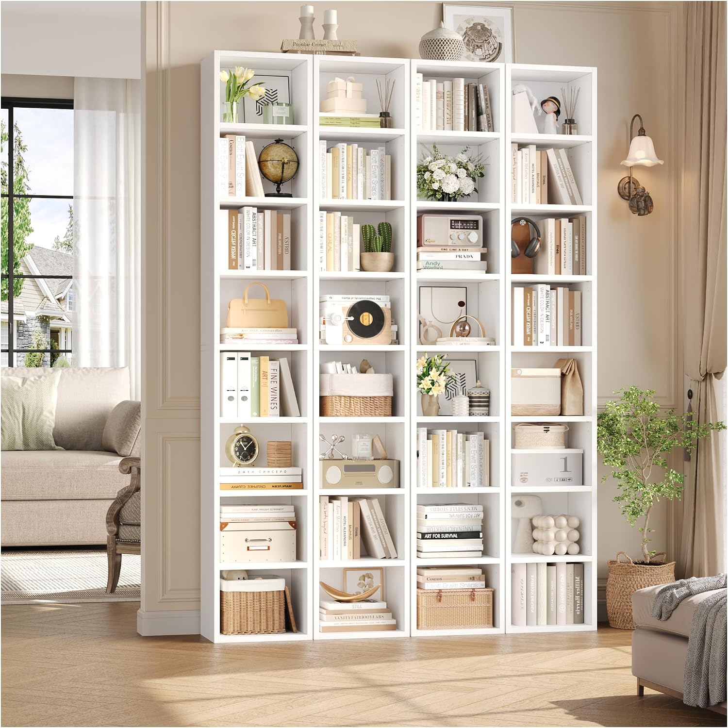 FOTOSOK 2 Pcs 71'' Tall Narrow Bookshelf, 8-Tier Media Tower Rack Set of 2, CD DVD Storage Cabinet with Adjustable Shelves, Tall Narrow Bookcase Skinny Display Bookshelf Slim Shelf, White