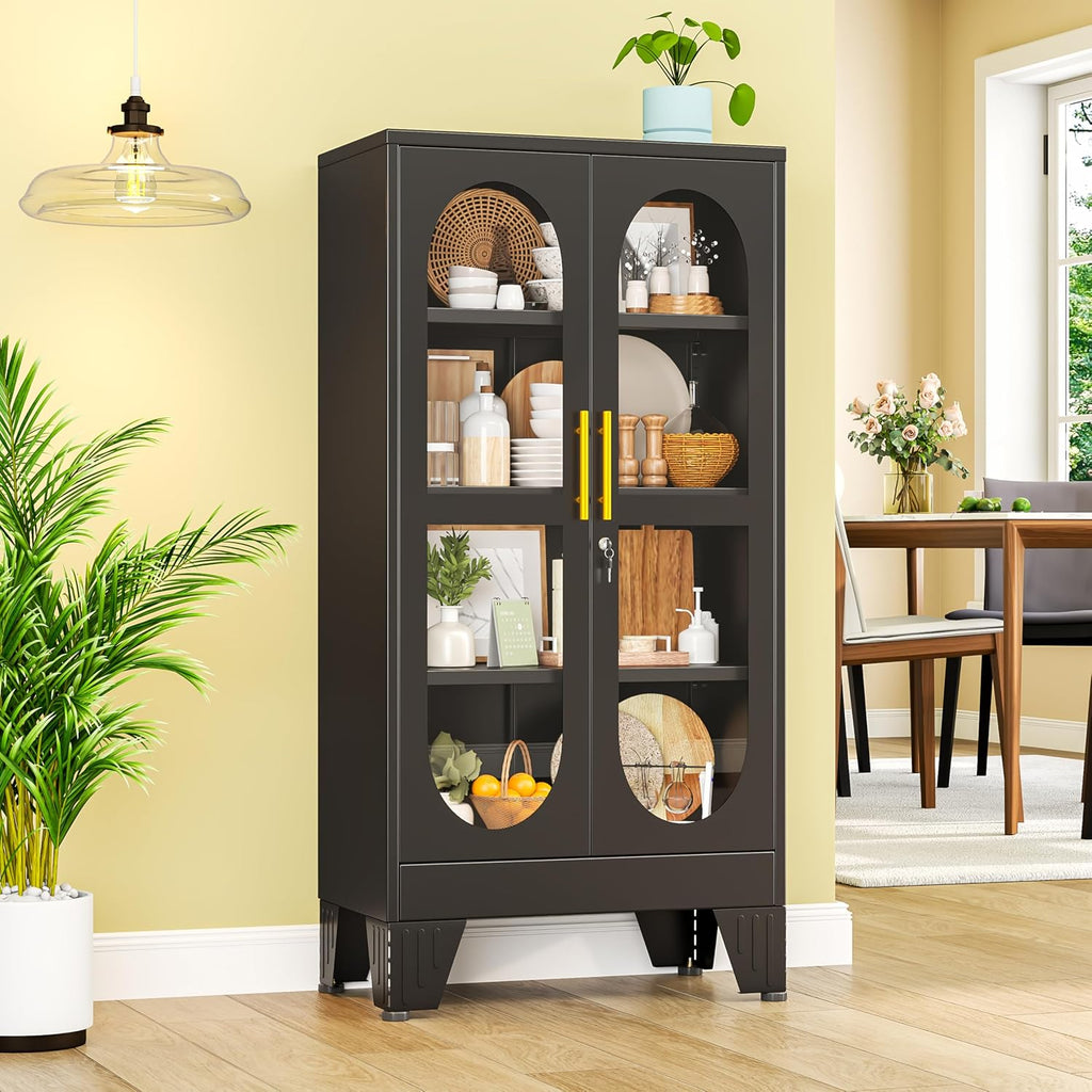 47' H Locking Display Cabinet with Glass Door, Tall black Storage Cabinet with 3 Adjustable Shelves, Metal Curio Cabinet Multi-Purpose Display Case for Collectibles Living Room/Bedroom/Kitchen/Bar