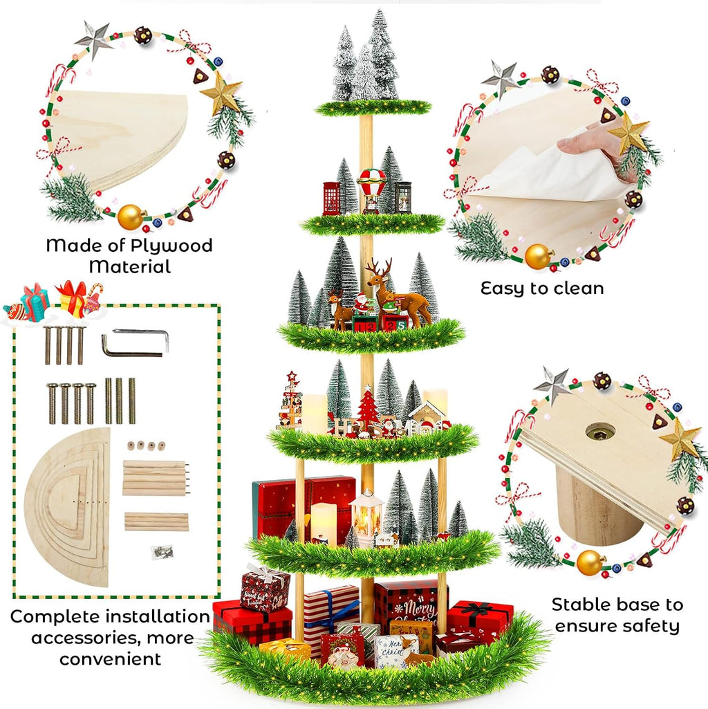 DoubleFill 6 Tier 72 Inch Christmas Tree Village Stand Christmas Bookshelf Display Supply Large Xmas Ornament Displays Tree Stands Xmas Wooden Display Trees Stand for Holiday Displays (Semicircle)