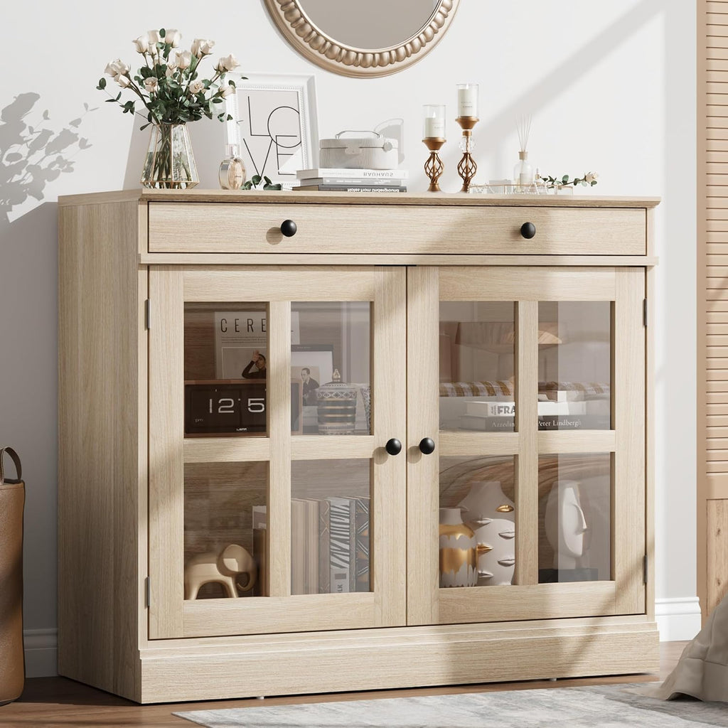 GarveeHome 35.4 in Sideboard Buffet Cabinets with Glass Door, Buffet Cabinet with Storage, Oak Sideboard Cabinet with Drawer, Modern Buffets & Sideboards for Dining Room, Kitchen