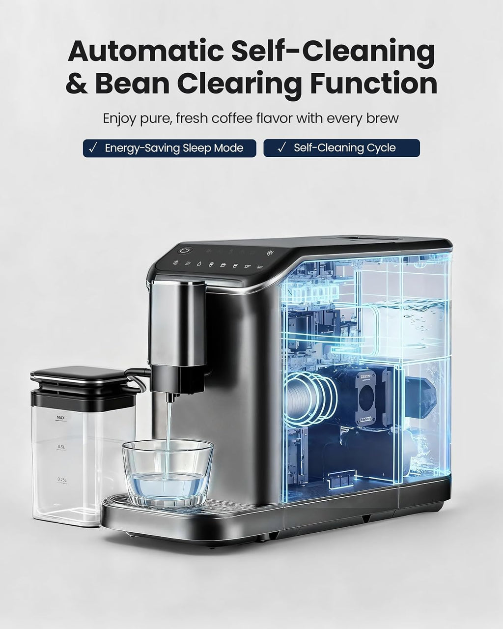 Automatic Espresso Machine, 20 Bar Espresso Maker with Touch Control, 15-Grind Settings Super Automatic Coffee Machine with Integrated Milk Frother, Auto Self-Cleaning