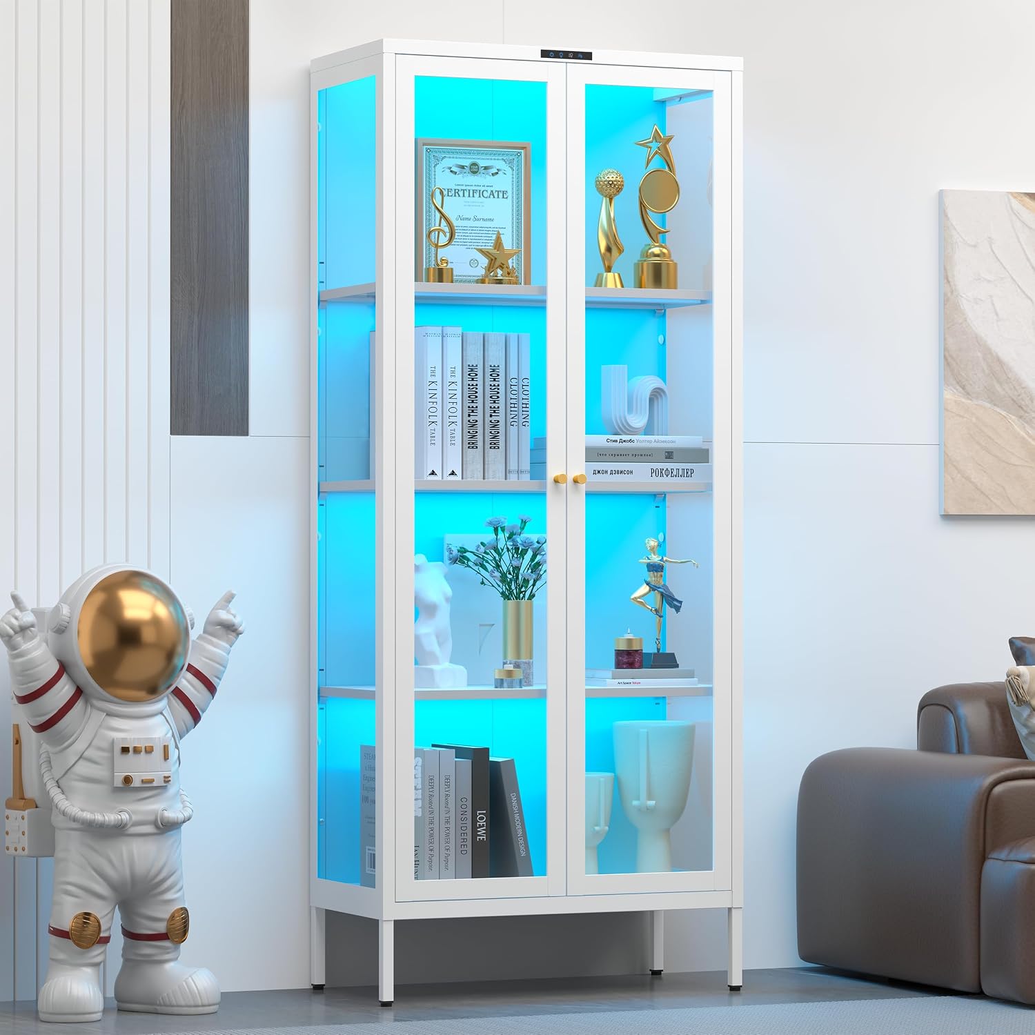 UNICOLY Display Cabinet with Glass Doors, Glass Display Cabinet with 8 Color LED Lights, Curio Display Cabinet with 3 Shelves for Living Room, Plant, Display Shelf, Assembly Required, White