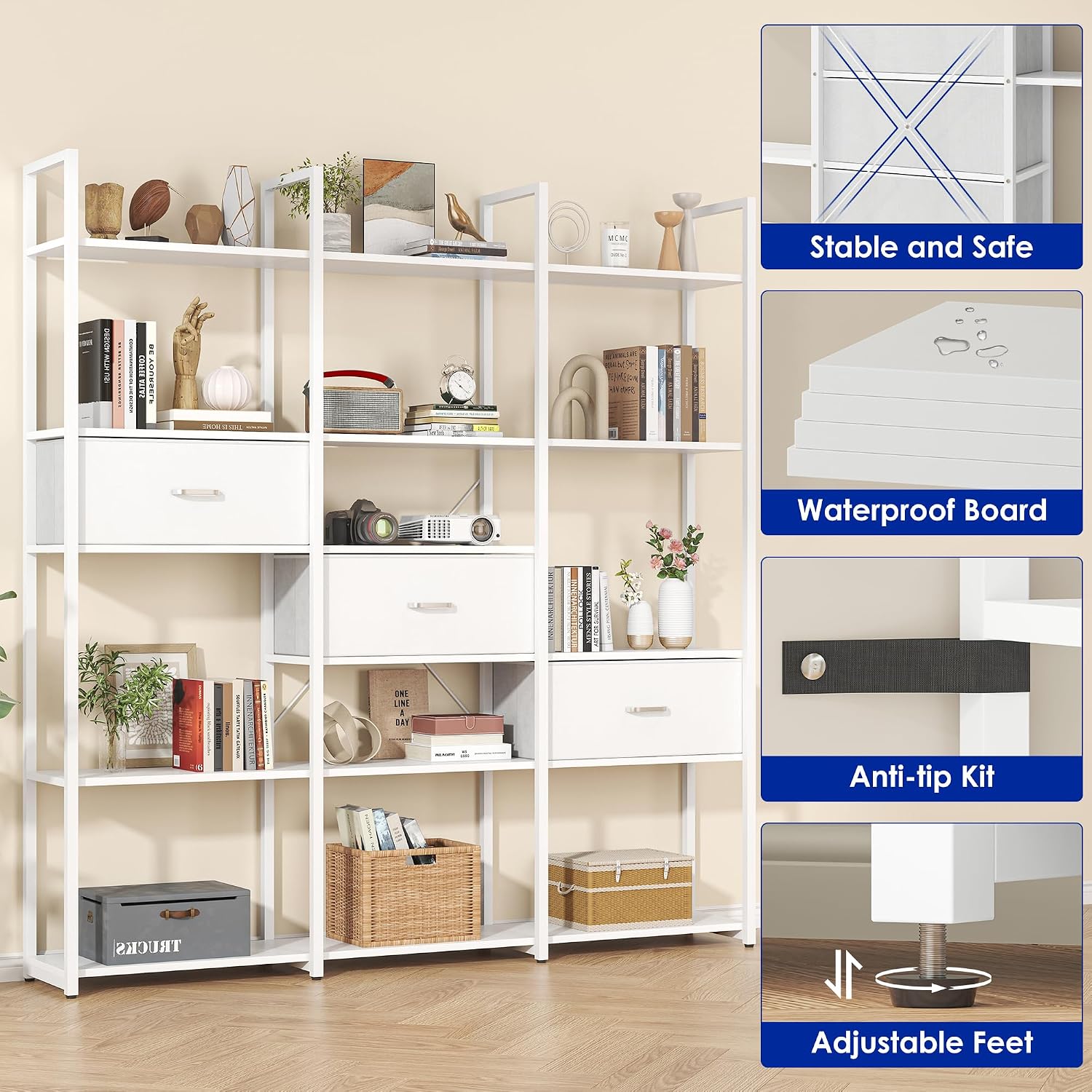 Nosepen 73.6' Tall Bookshelf with 3 Drawers and 16 Storage Shelves, Industrial Bookcase with 16 Open Display Shelves, Large Etagere Bookshelf, Triple Wide Book Shelf Book Case for Home & Office, White