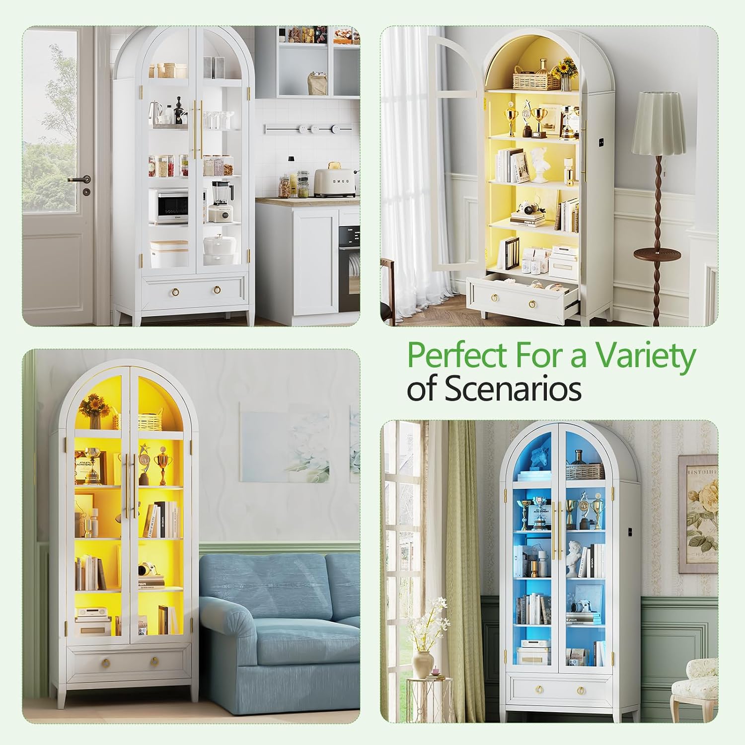 HNEBC Book Shelf with LED Lights, Arched Display Case with Storage Cabinet, Smart File Cabinet with Glass Door, Curio Cabinet with Solid Wood Legs for Home Office/Bedroom Furnniture-White