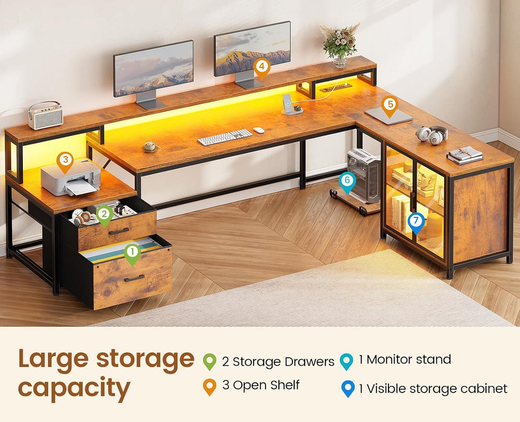 SEDETA 78.7' Large L Shaped Desk with Storage Drawers, Office Desk with File Drawer and Display Cabinet, L Shaped Gaming Desk with Storage, Power Outlet and LED Lights for Home Office, Rustic Brown