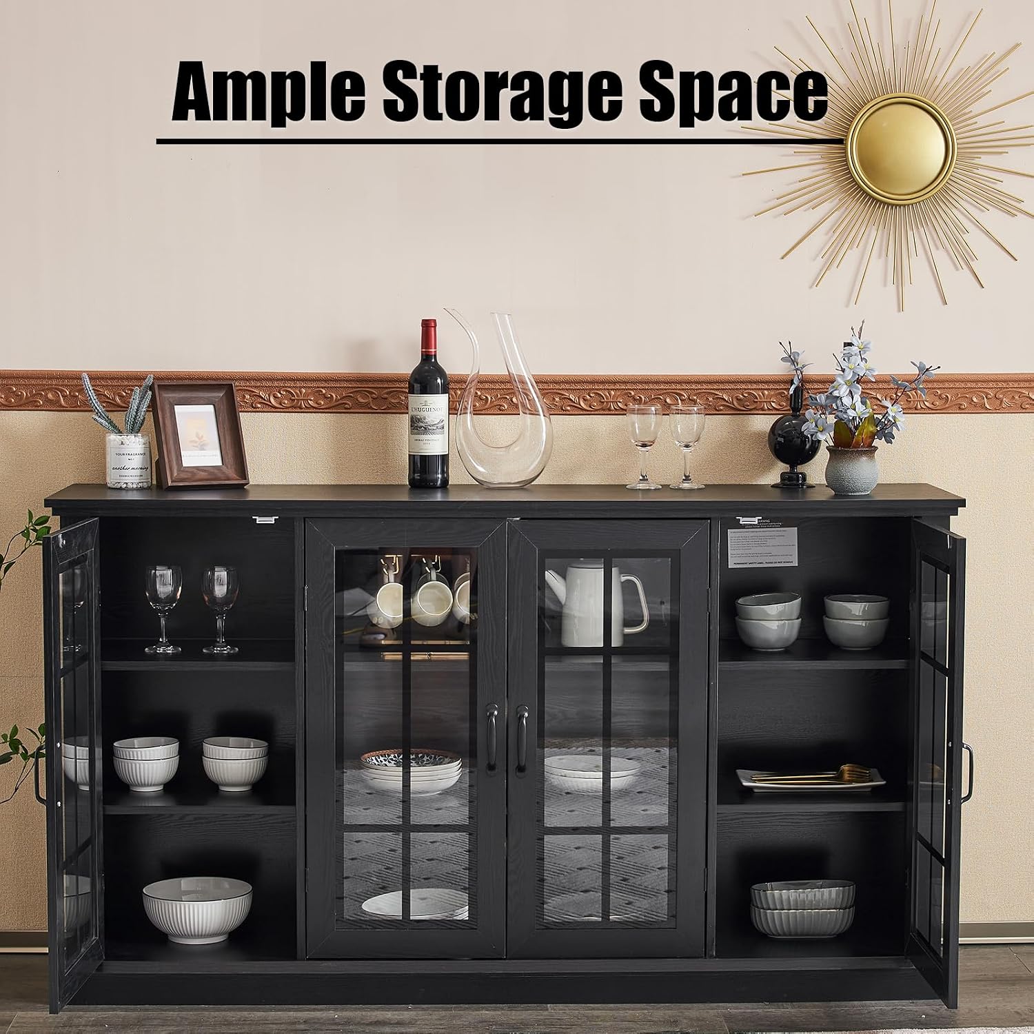 AMERLIFE 63' Sideboard, 6 Adjustable Shelves Sideboard Buffet Cabinet with 4 Doors, Accent Storage Credenzas for Dining Room, Living Room, Classic Black