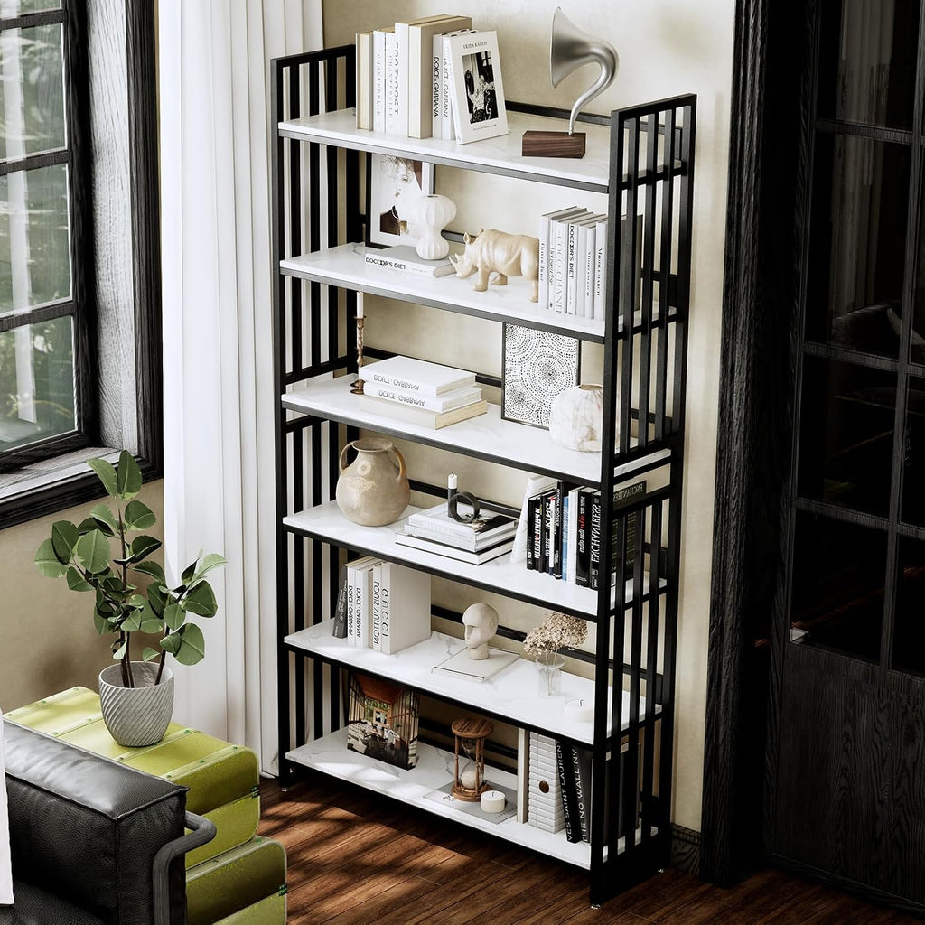Tall Metal Bookshelf, Modern Industrial Open Bookcase with 6 Shelves, Freestanding Storage & Display Shelf for Living Room, Home Office, Apartment, Black Frame