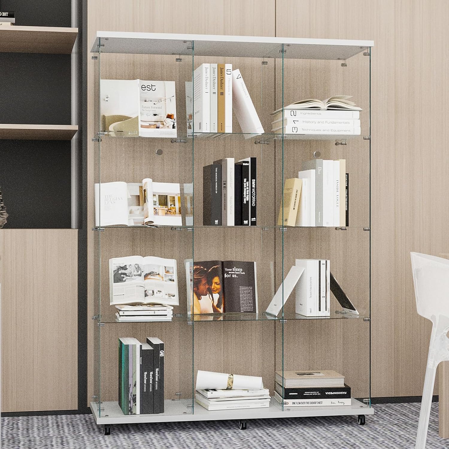 Beauty4U Glass Display Cabinet with 12 Shelves, Extra Large 3 Columns 2 Doors Curio Cabinets for Living Room, Bedroom, Office, White Floor Standing DIY Glass Bookshelf, Quick Installation