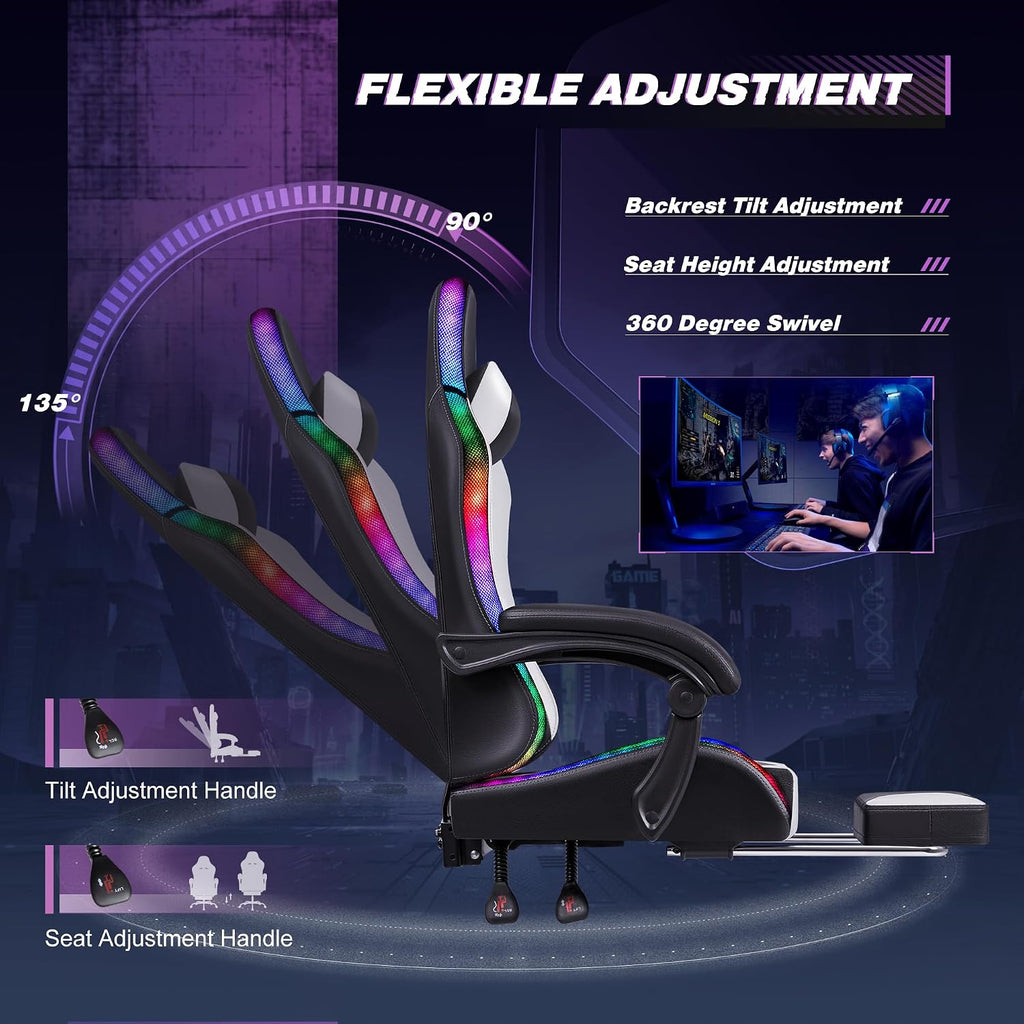 Homall Gaming Chair, Video Game Chair with Footrest and Massage Lumbar Support, Ergonomic Computer Chair Height Adjustable with Swivel Seat and Headrest (RGB Lvory)