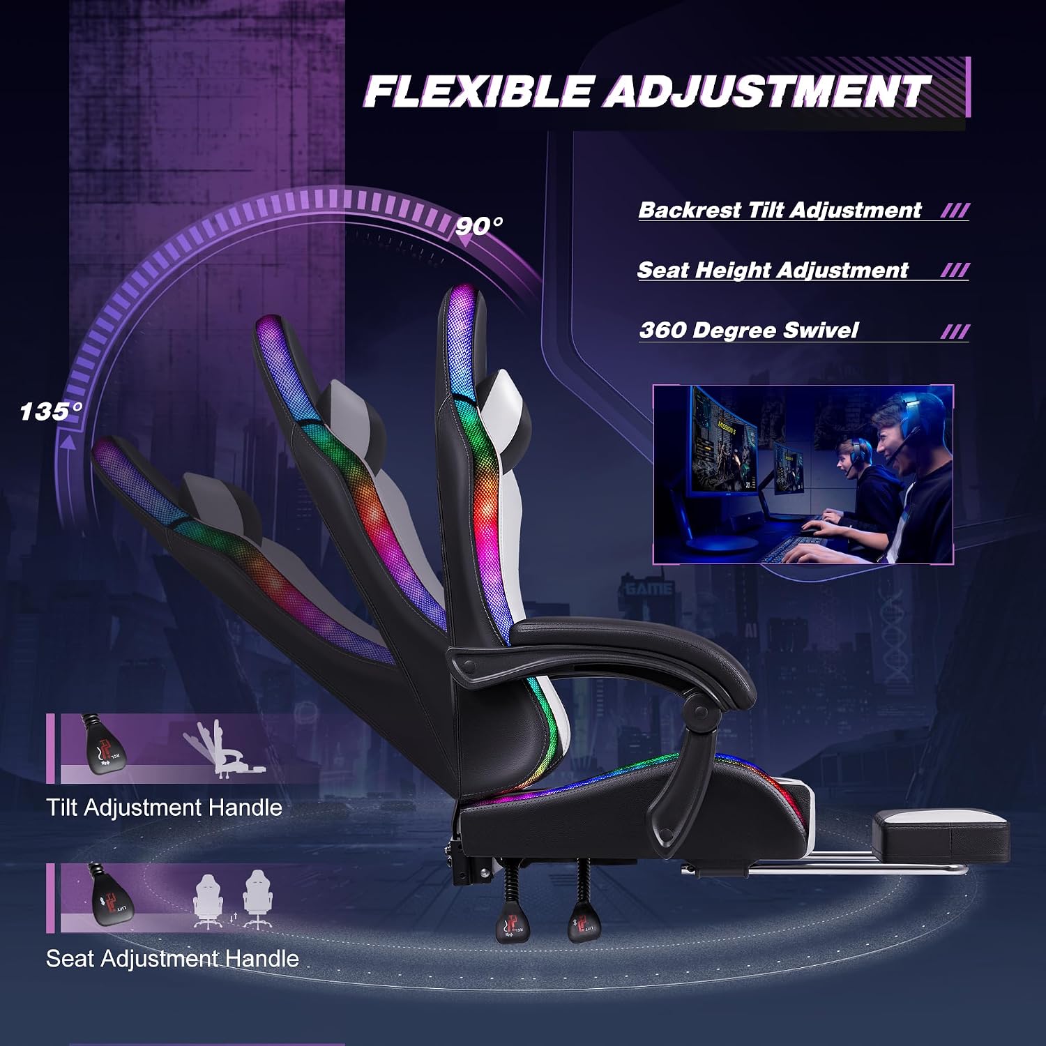 Homall Gaming Chair, Video Game Chair with Footrest and Massage Lumbar Support, Ergonomic Computer Chair Height Adjustable with Swivel Seat and Headrest (RGB Lvory)
